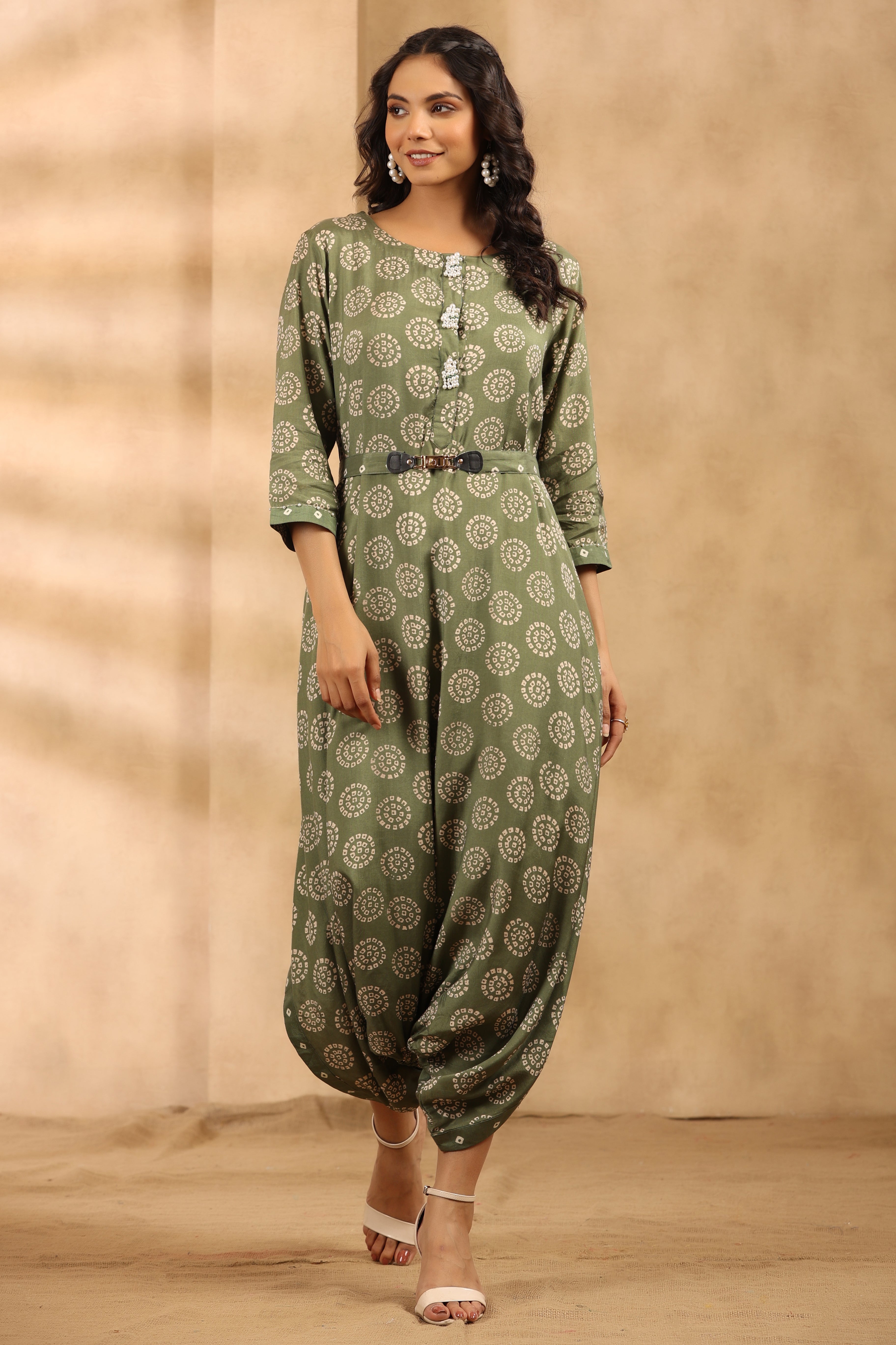 Sage Green Bandhani Cowl Jumpsuit