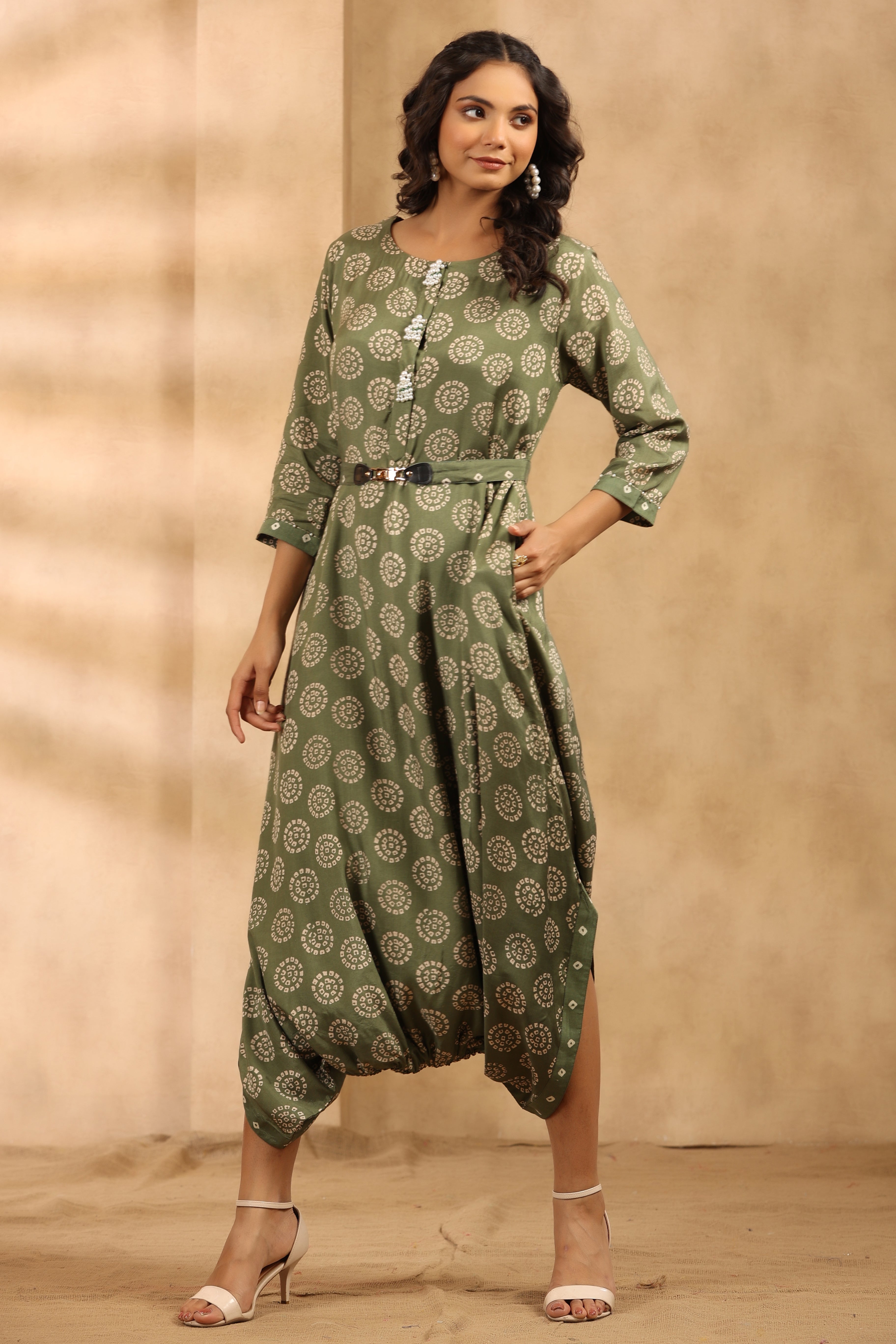 Sage Green Bandhani Cowl Jumpsuit