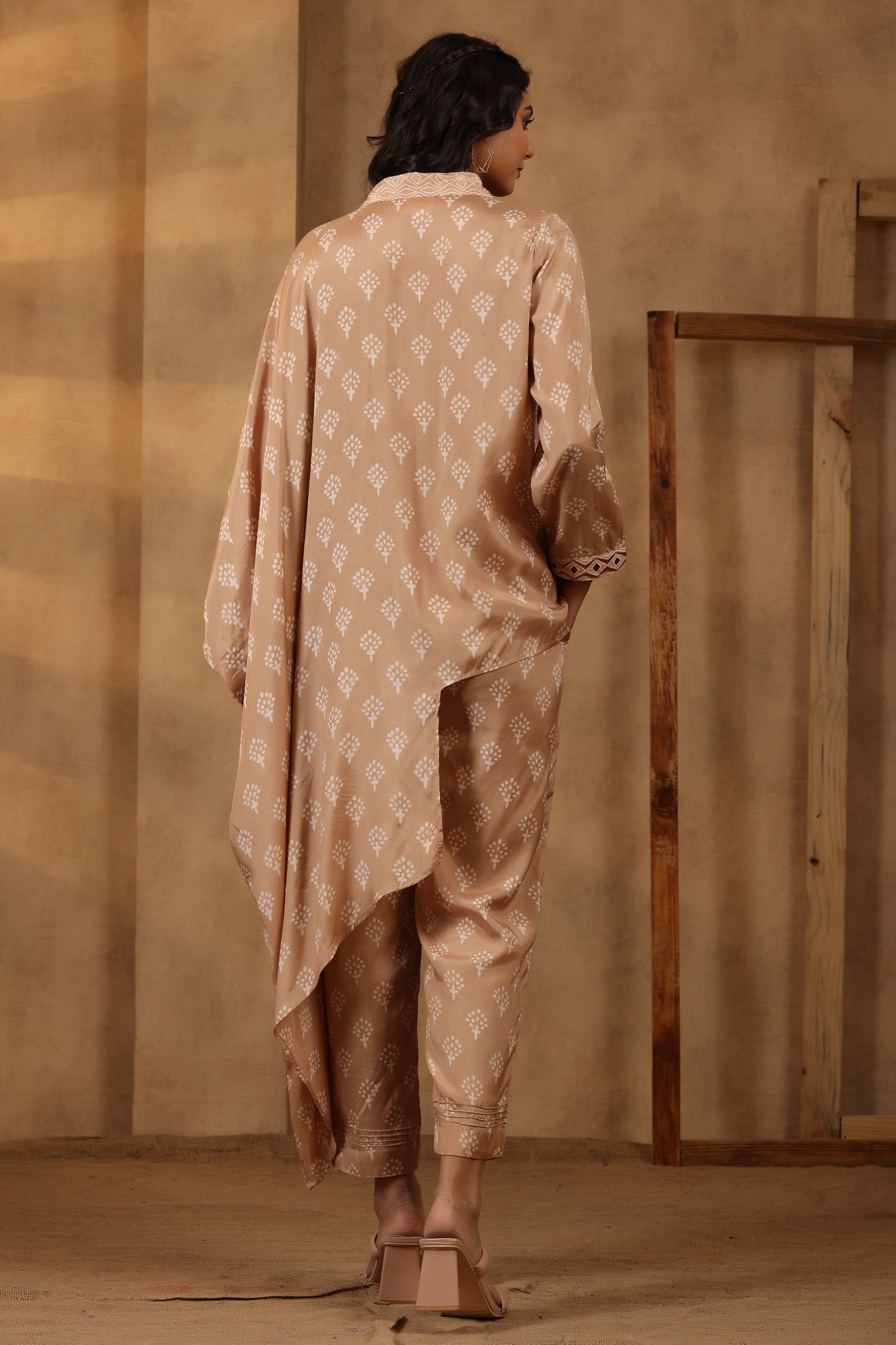 Beige Drop Drape Shirt Set with Gota Lace Detailing