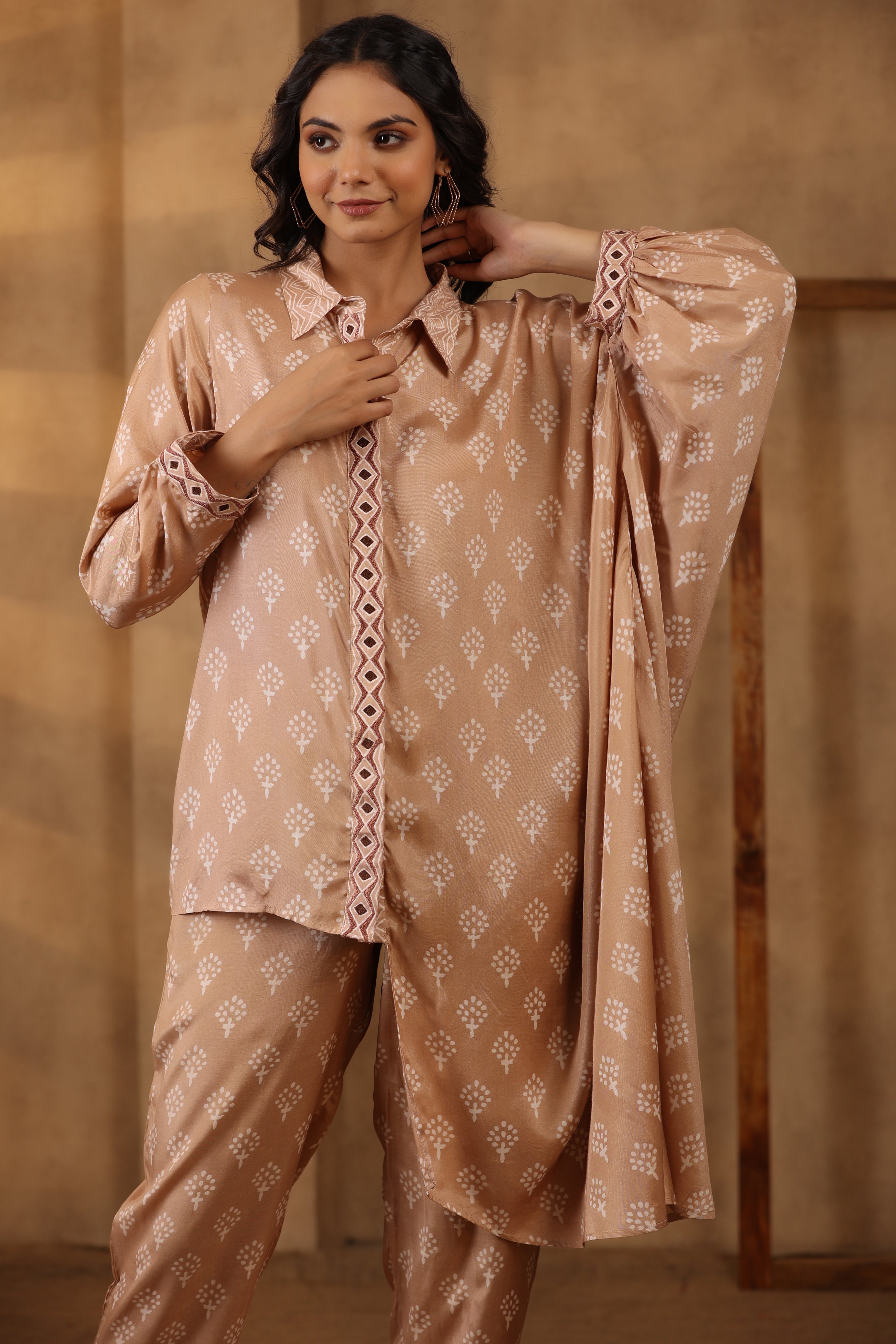 Beige Drop Drape Shirt Set with Gota Lace Detailing