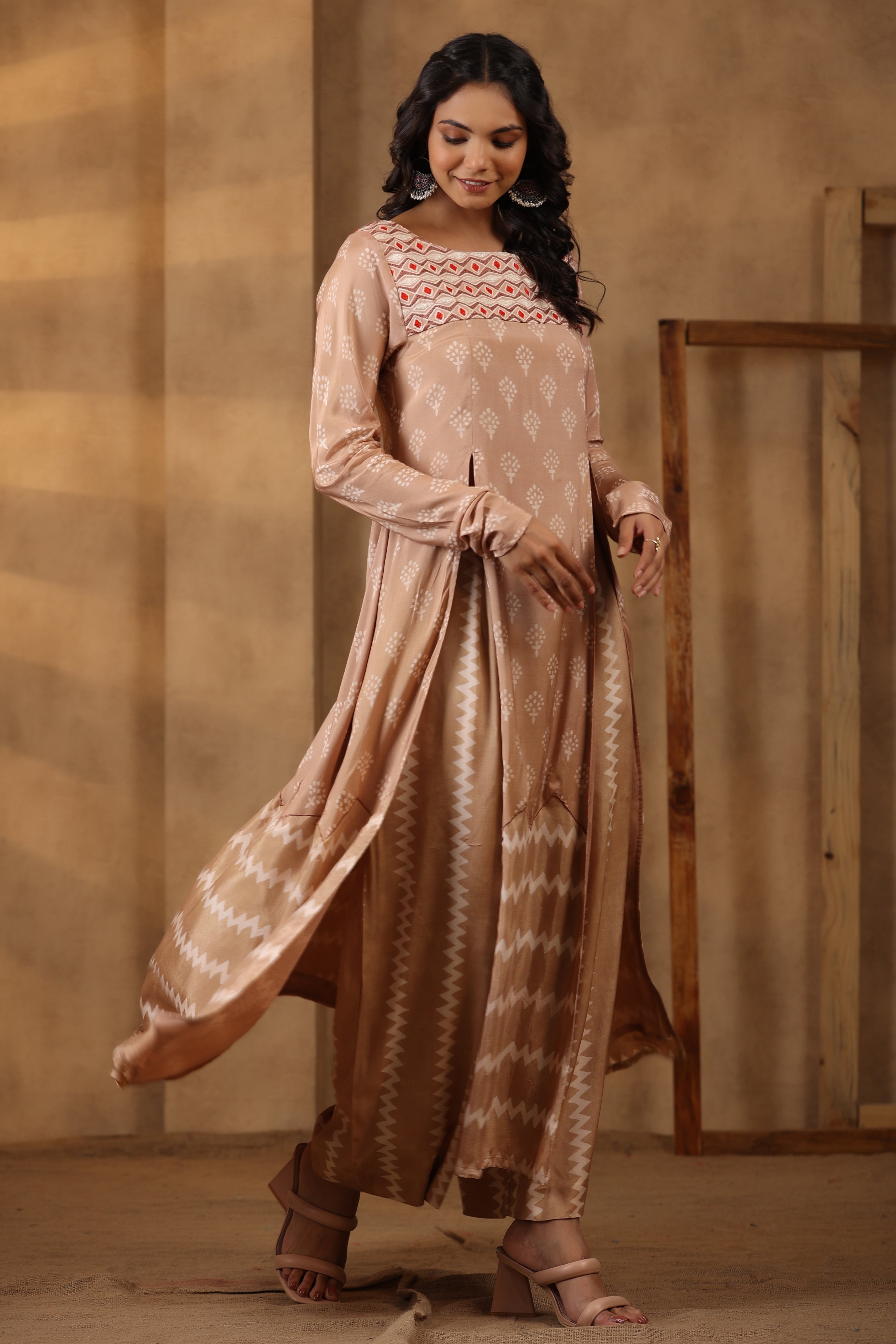 Beige High Slit Kurta Set