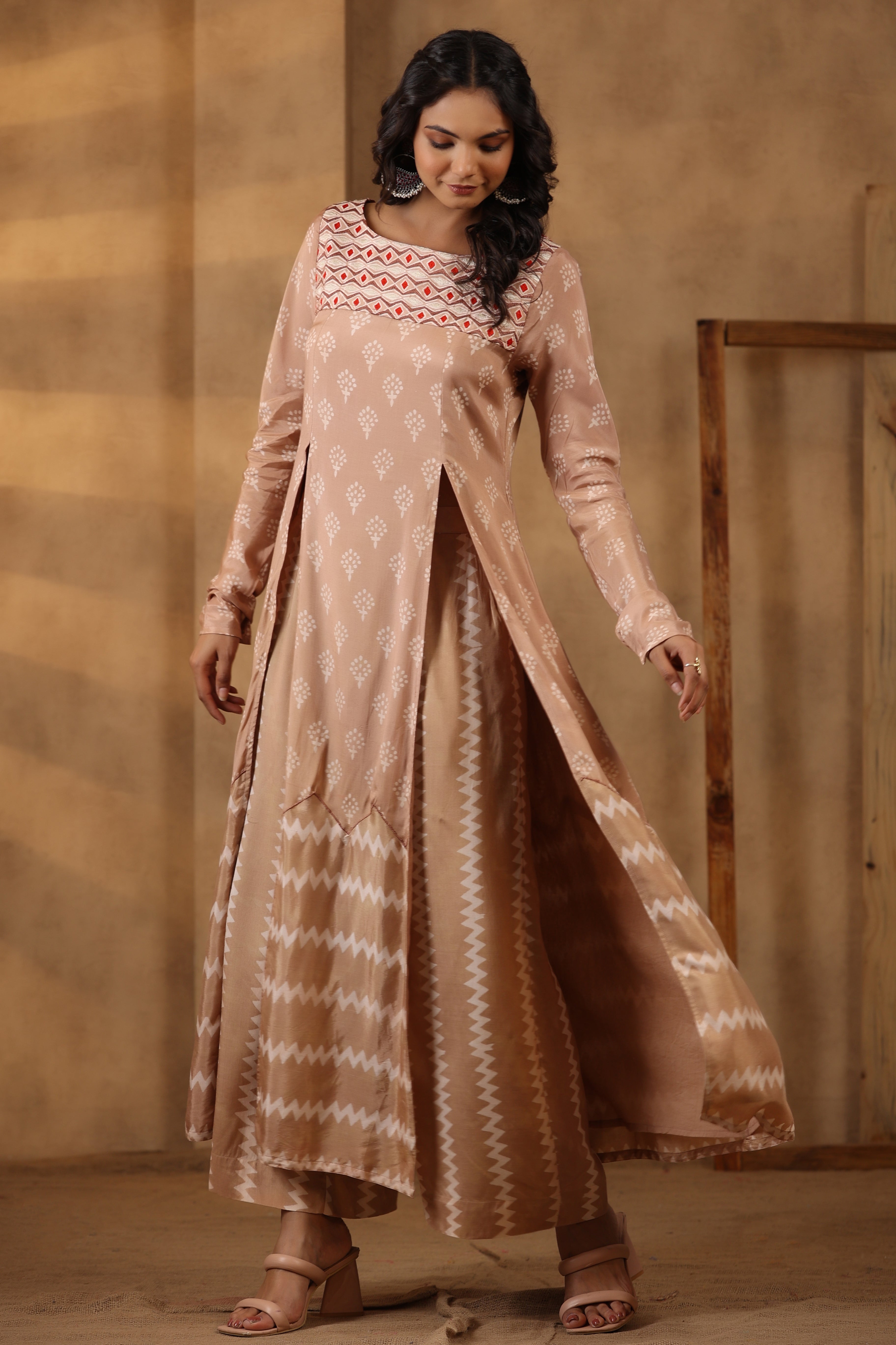 Beige High Slit Kurta Set