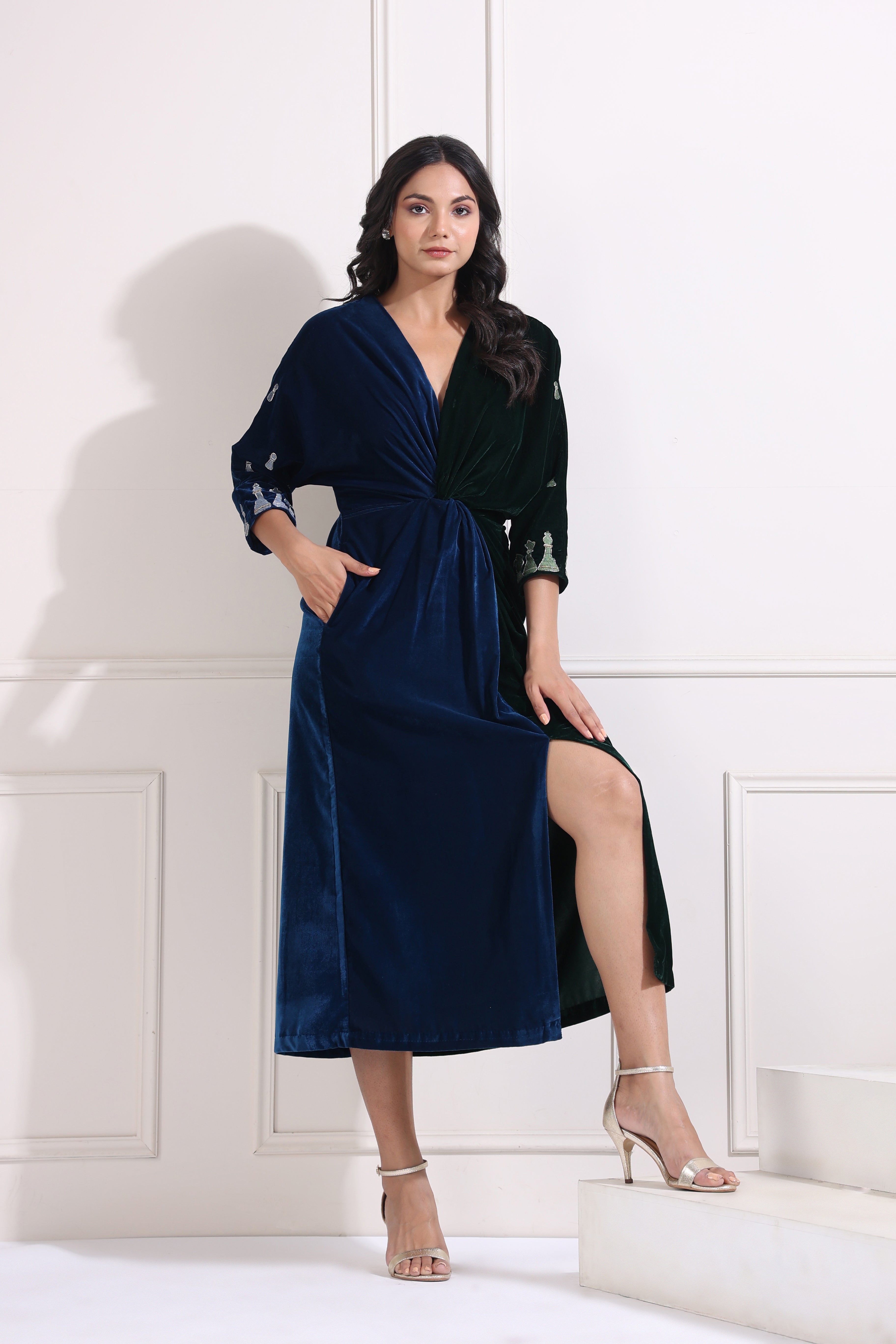 Blue and Emerald Green Half-and-Half Knotted Dress