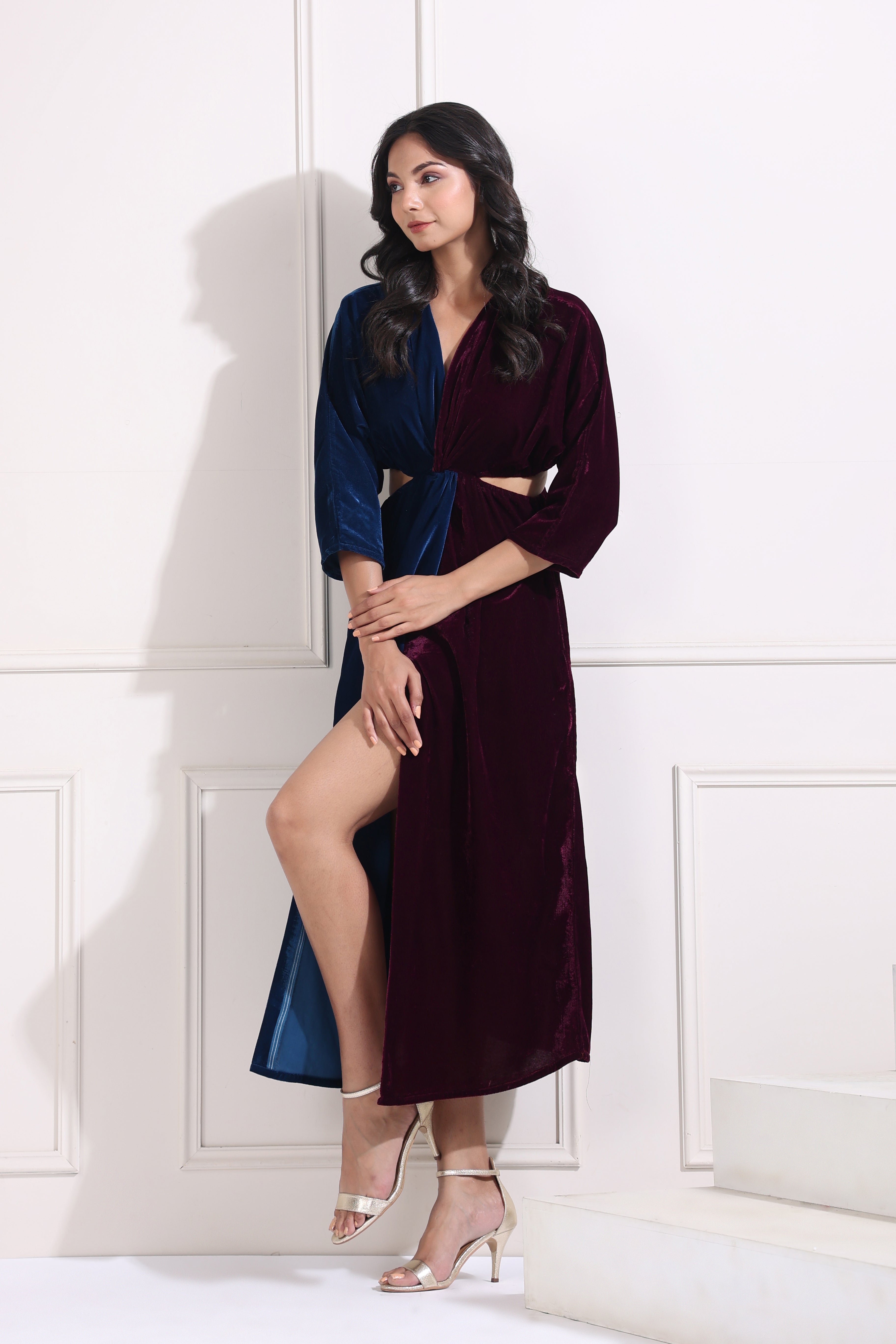 Blue and Wine Half-and-Half Knotted Dress