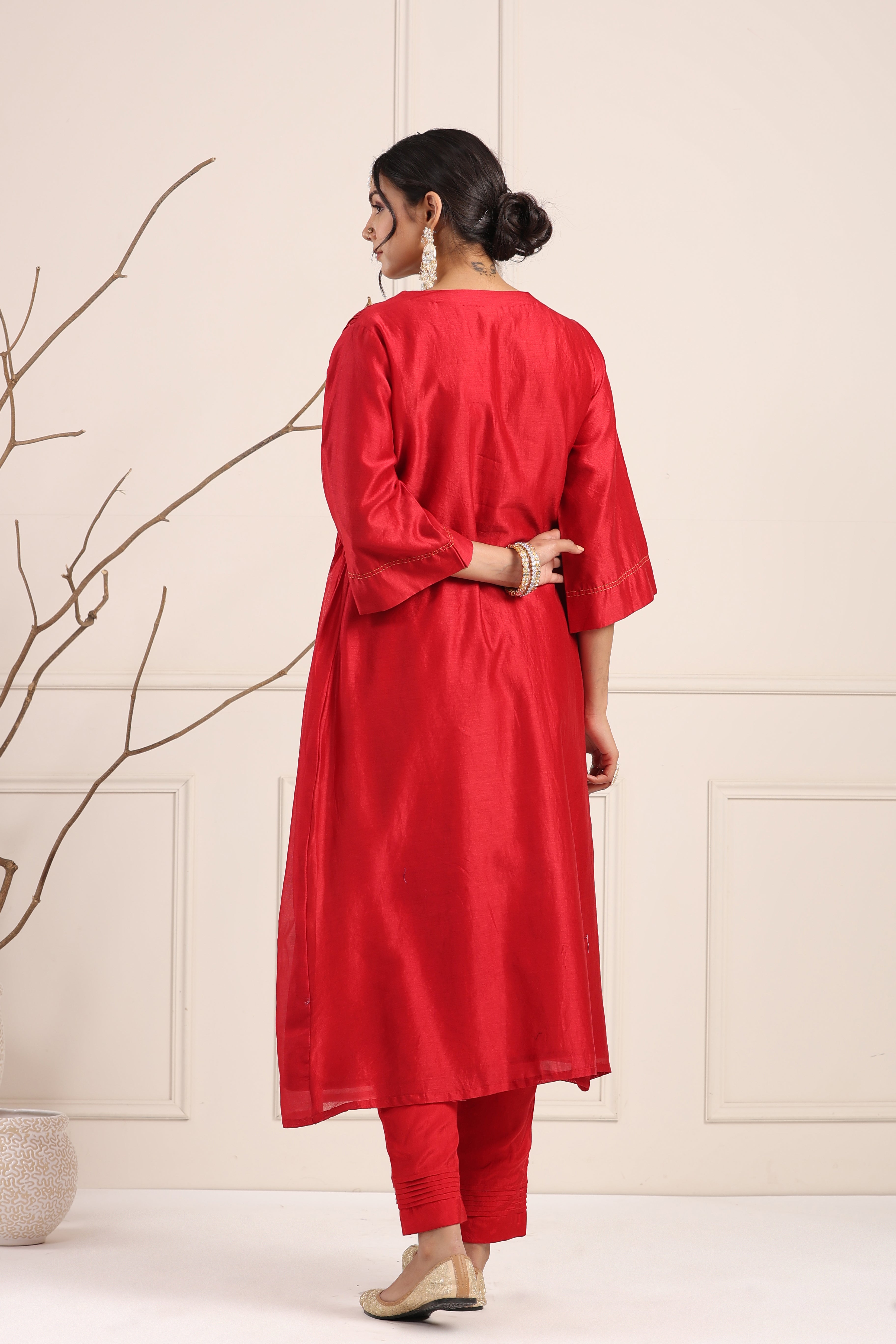 Flush Red Smocked Kurta Set