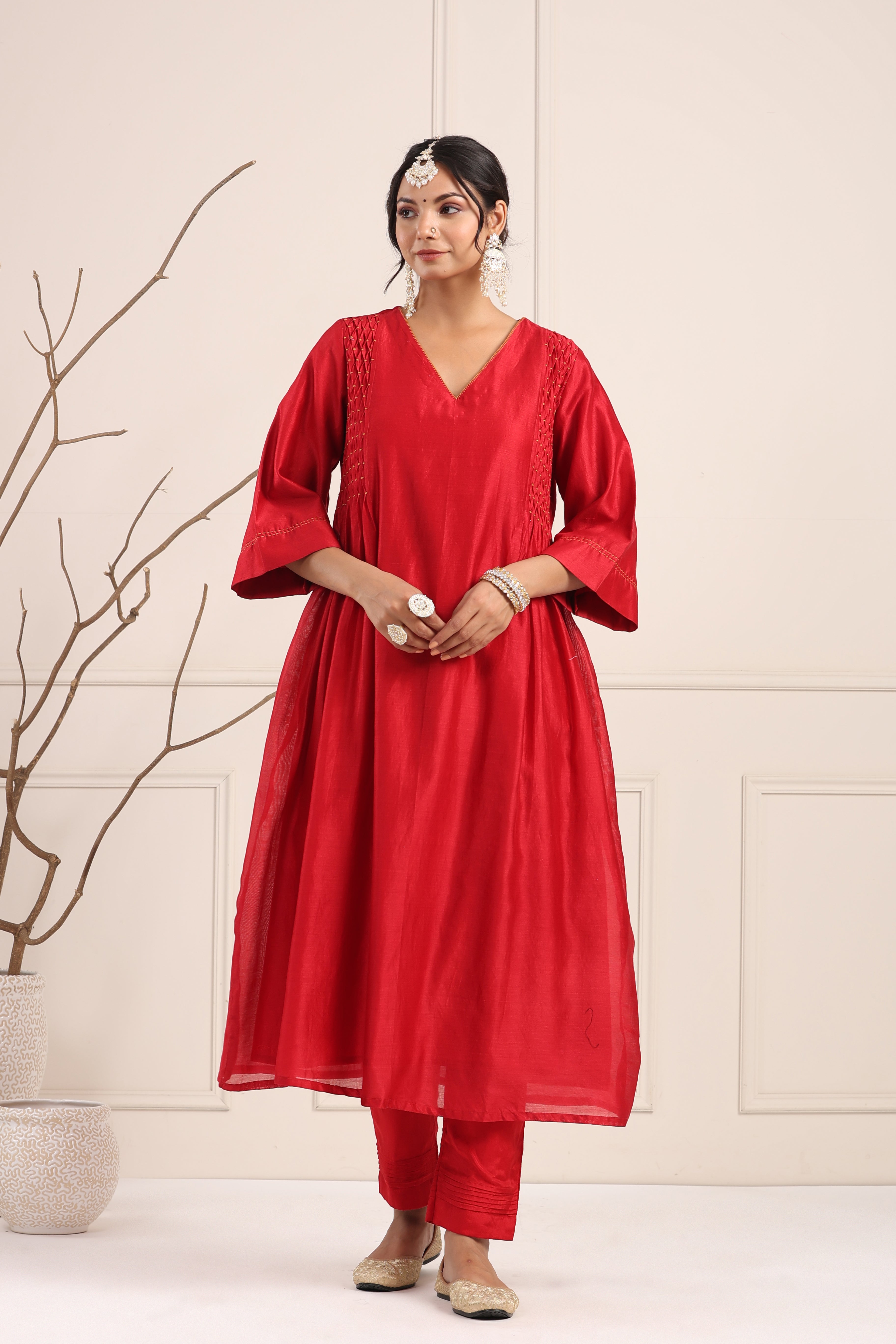 Flush Red Smocked Kurta Set