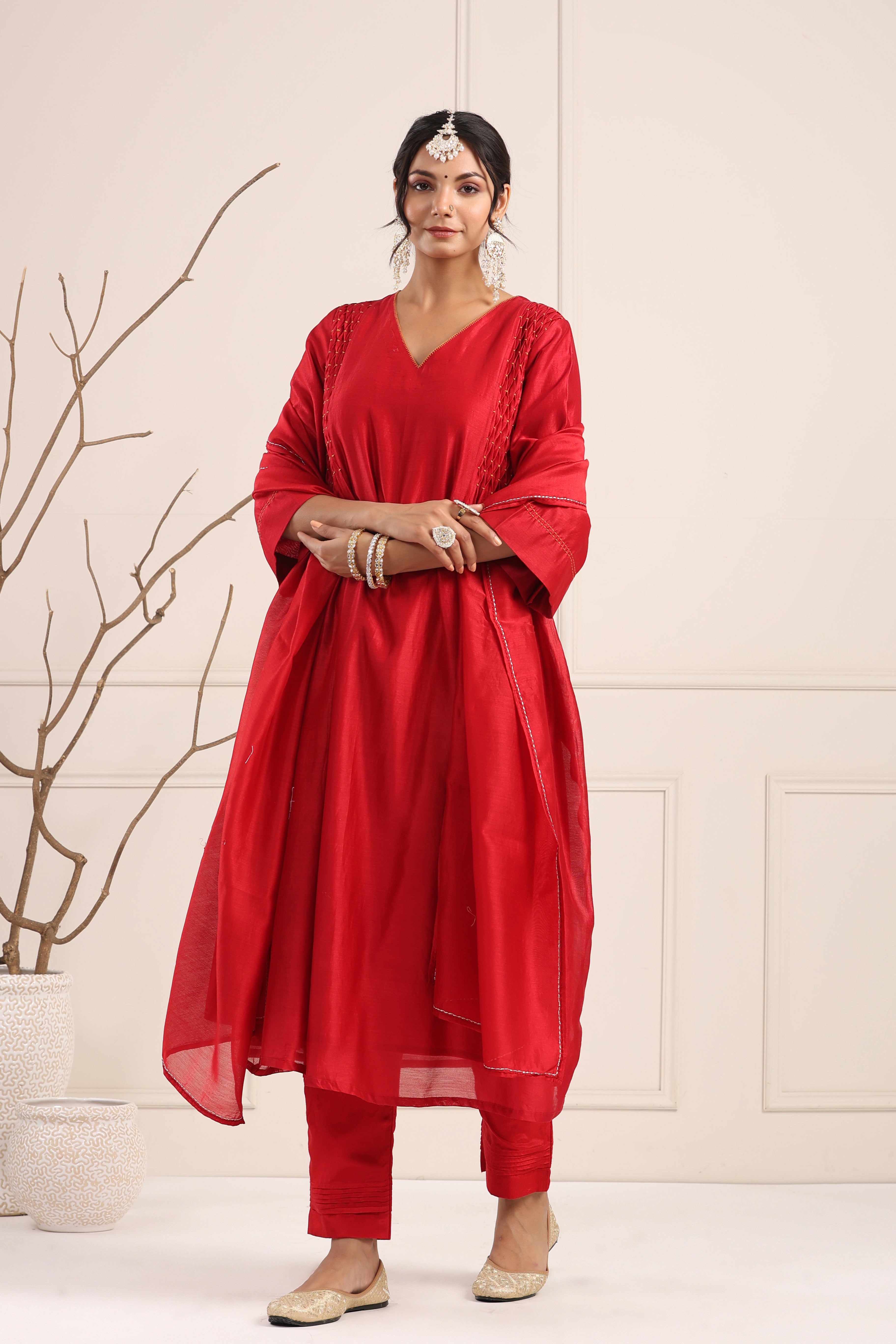 Flush Red Smocked Kurta Set
