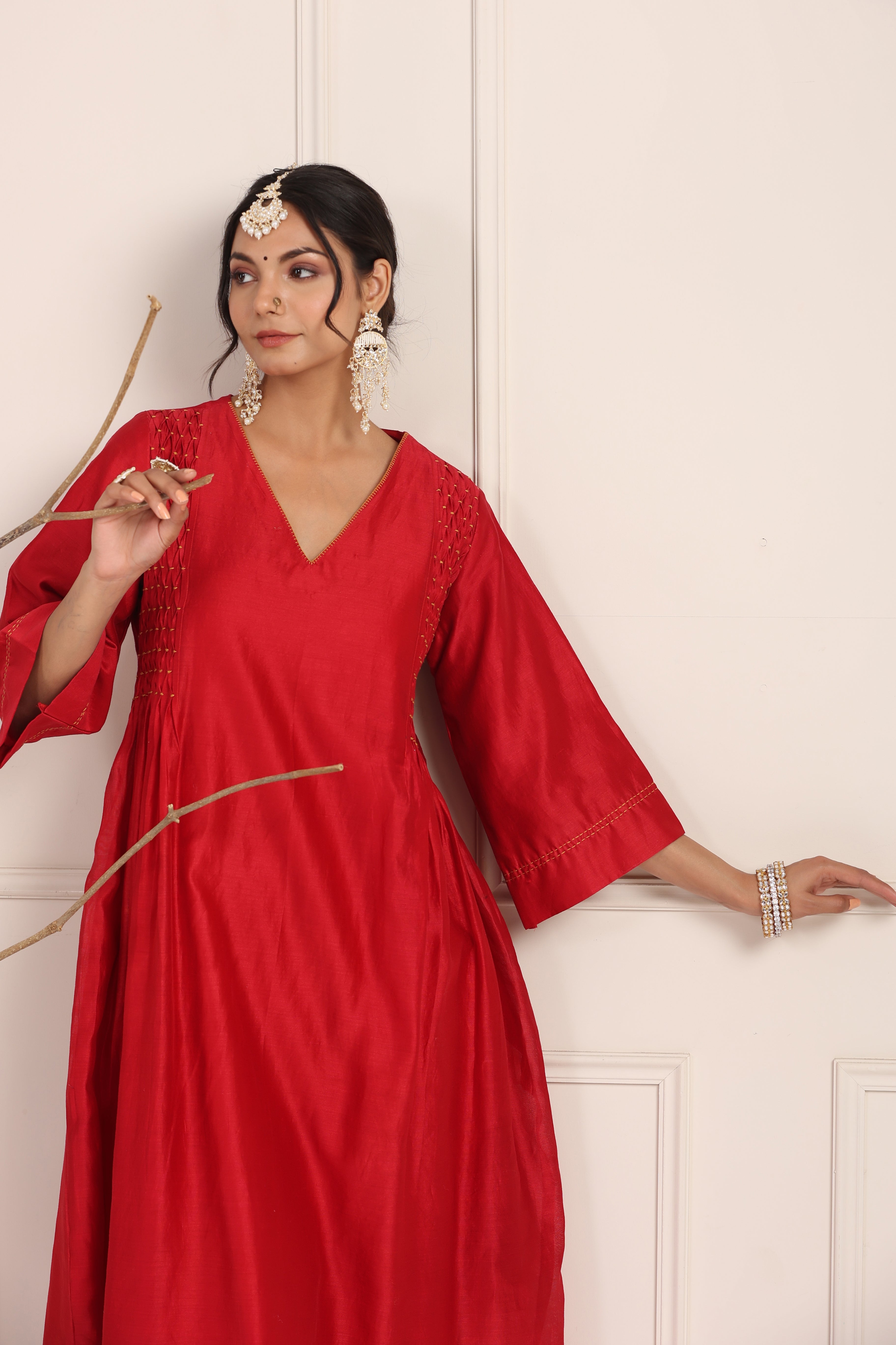 Flush Red Smocked Kurta Set