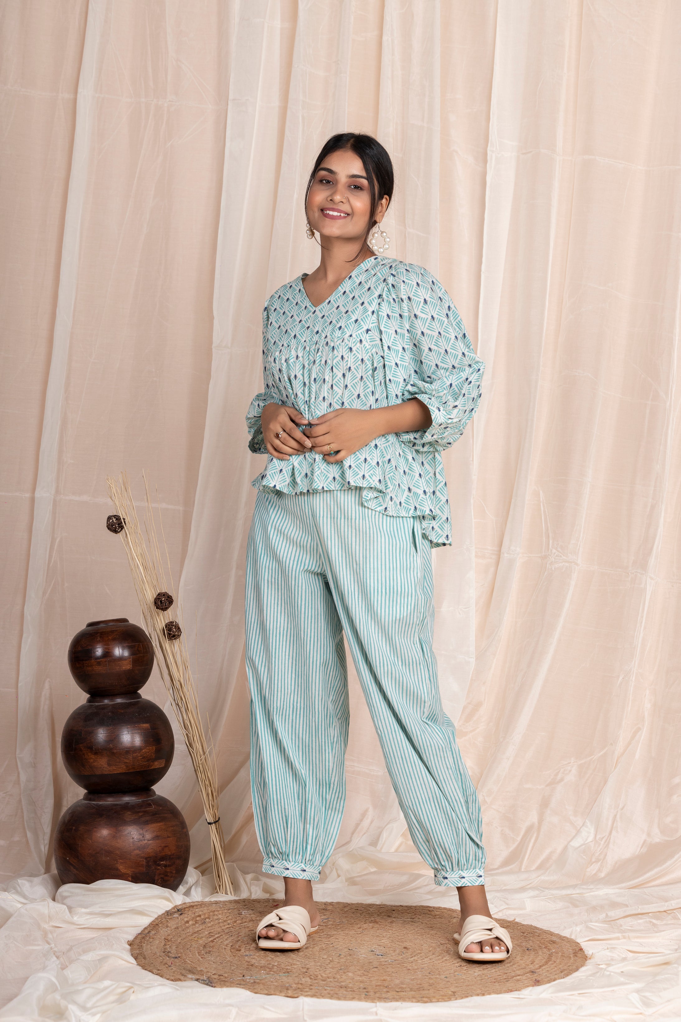 Aqua Lantern Pants with Flounce Top Co-ord Set