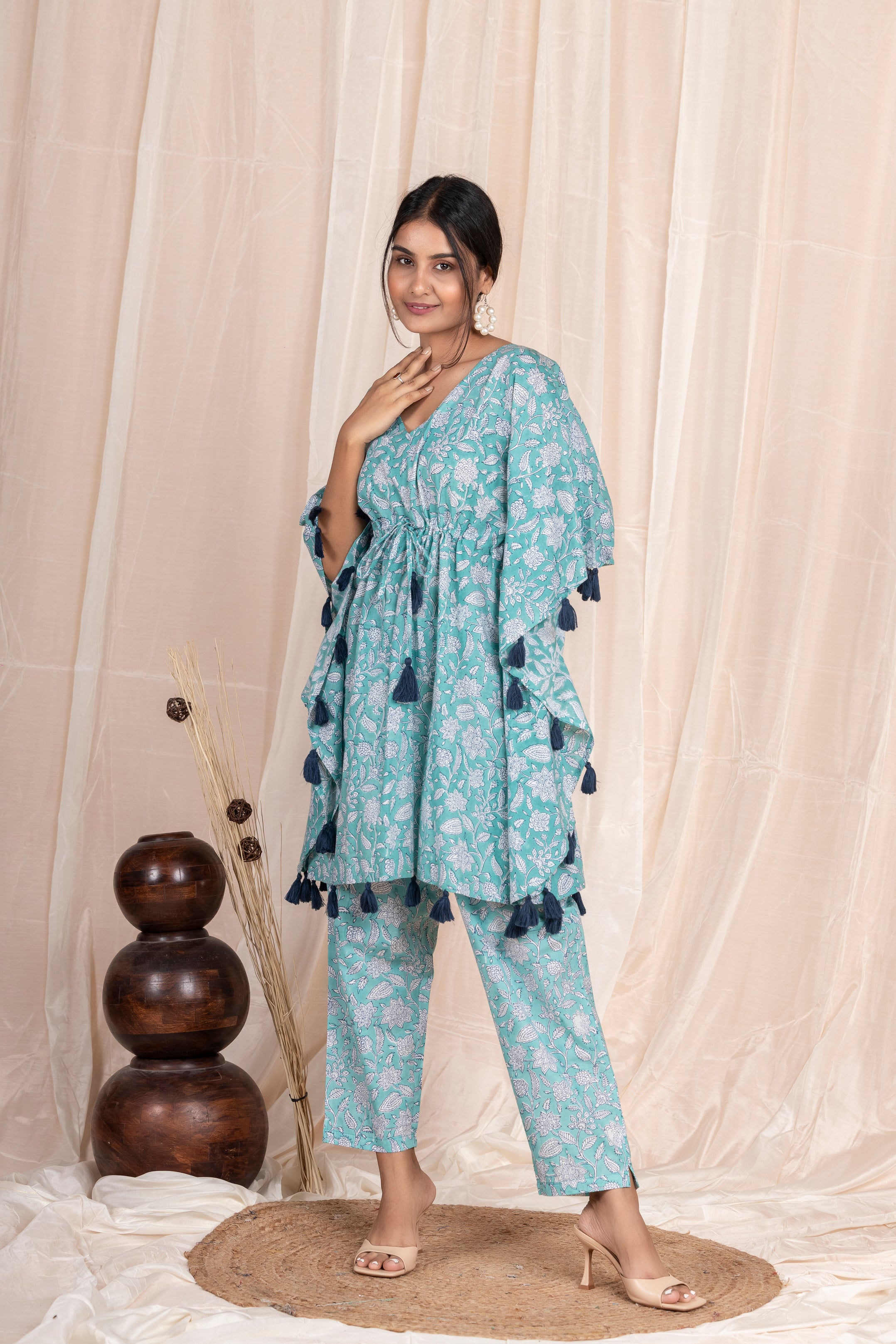 Aqua Tassel Kaftan with Pants
