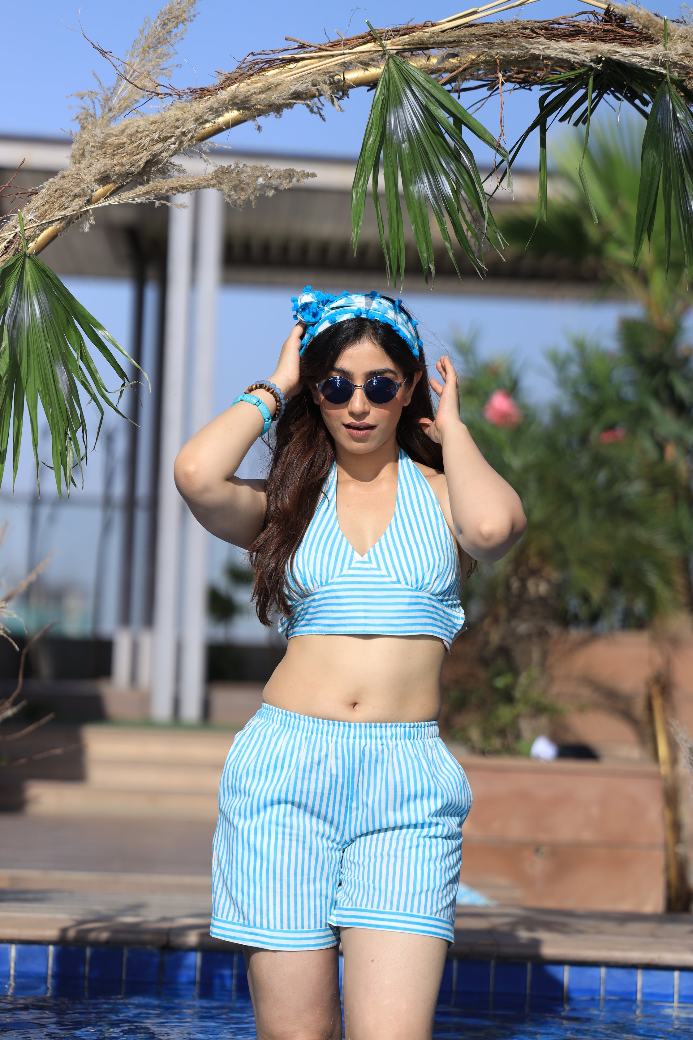Blue Coral Stripes Bustier Shrug Set (3 Pcs)