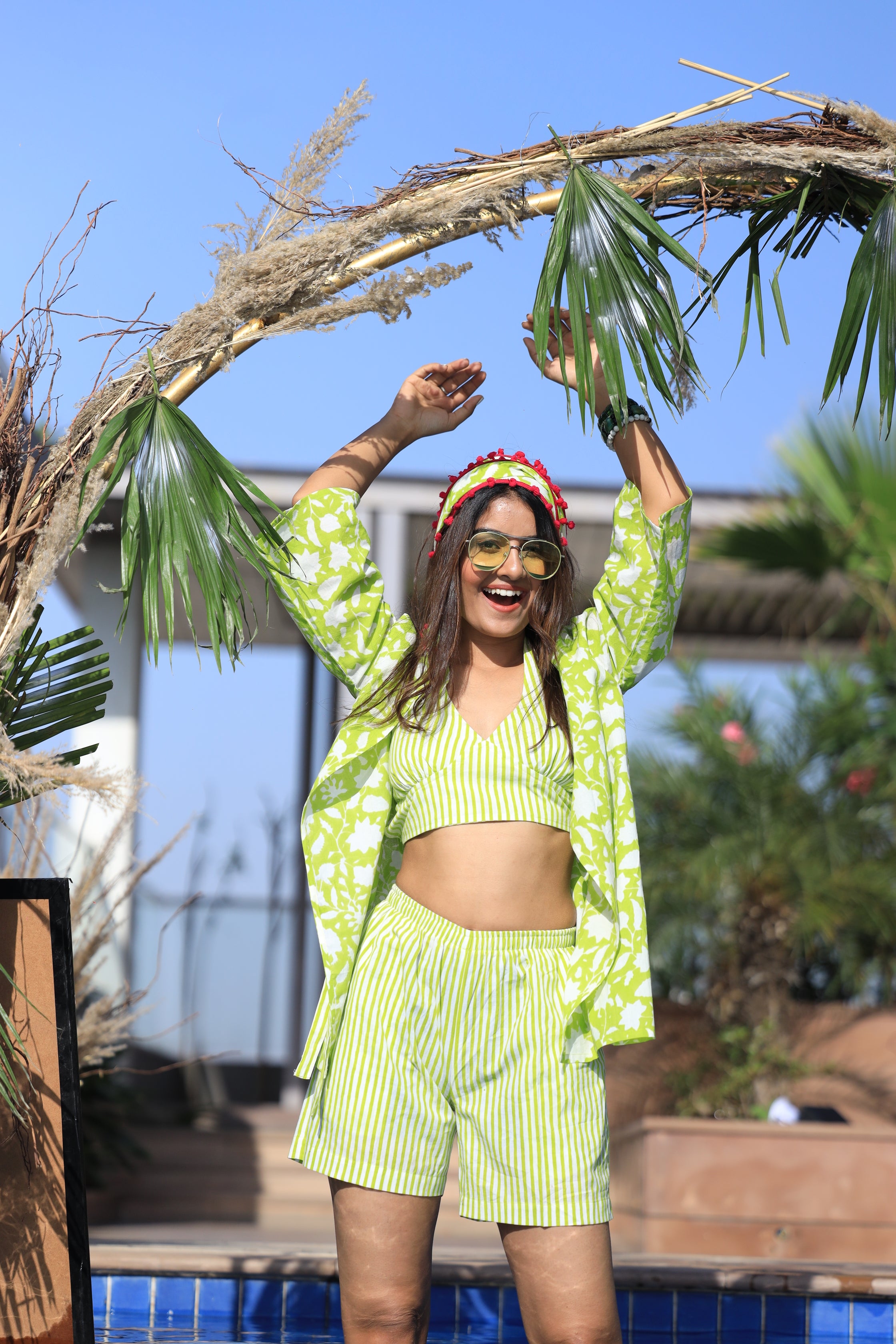 Green Coral Stripes Bustier Shrug Set (3 pcs)