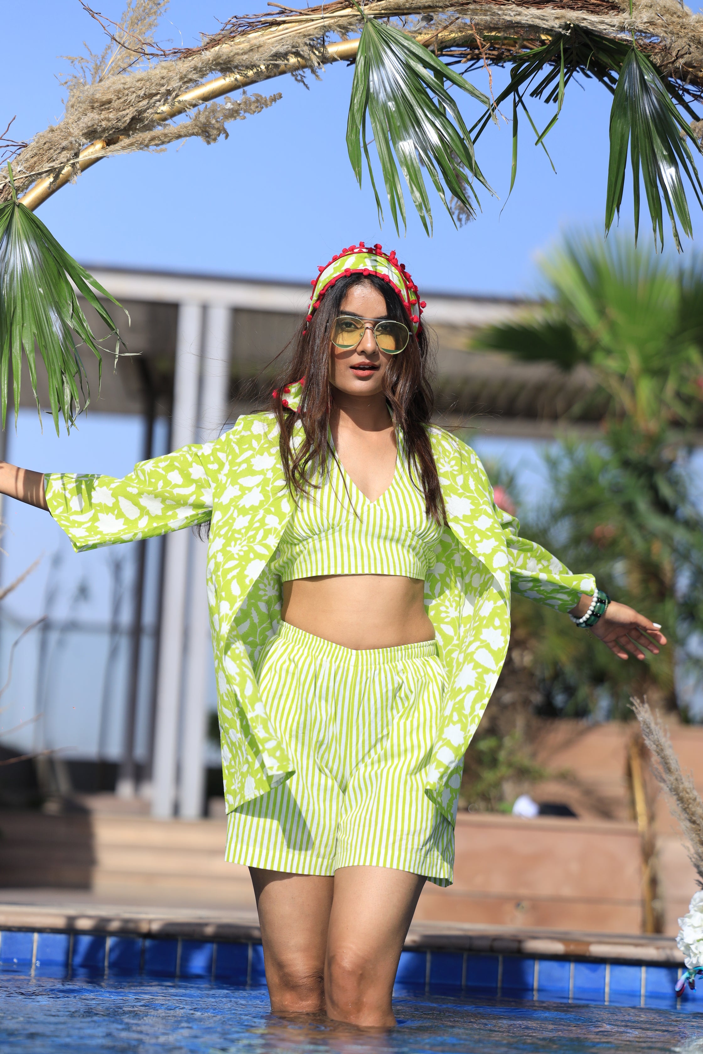 Green Coral Stripes Bustier Shrug Set (3 pcs)