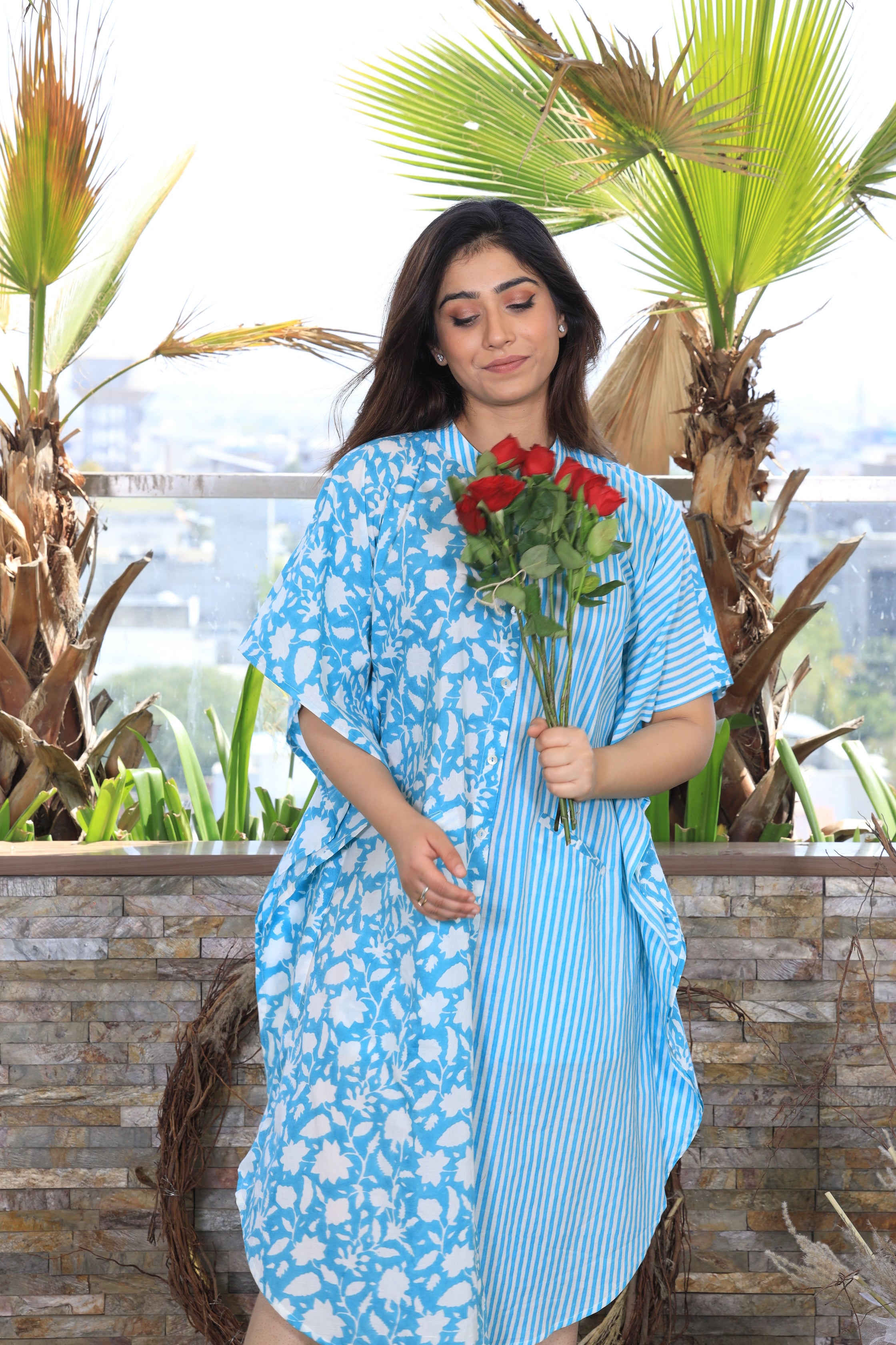 Coral Stripe Shirt Dress Kaftan (Blue Combo)
