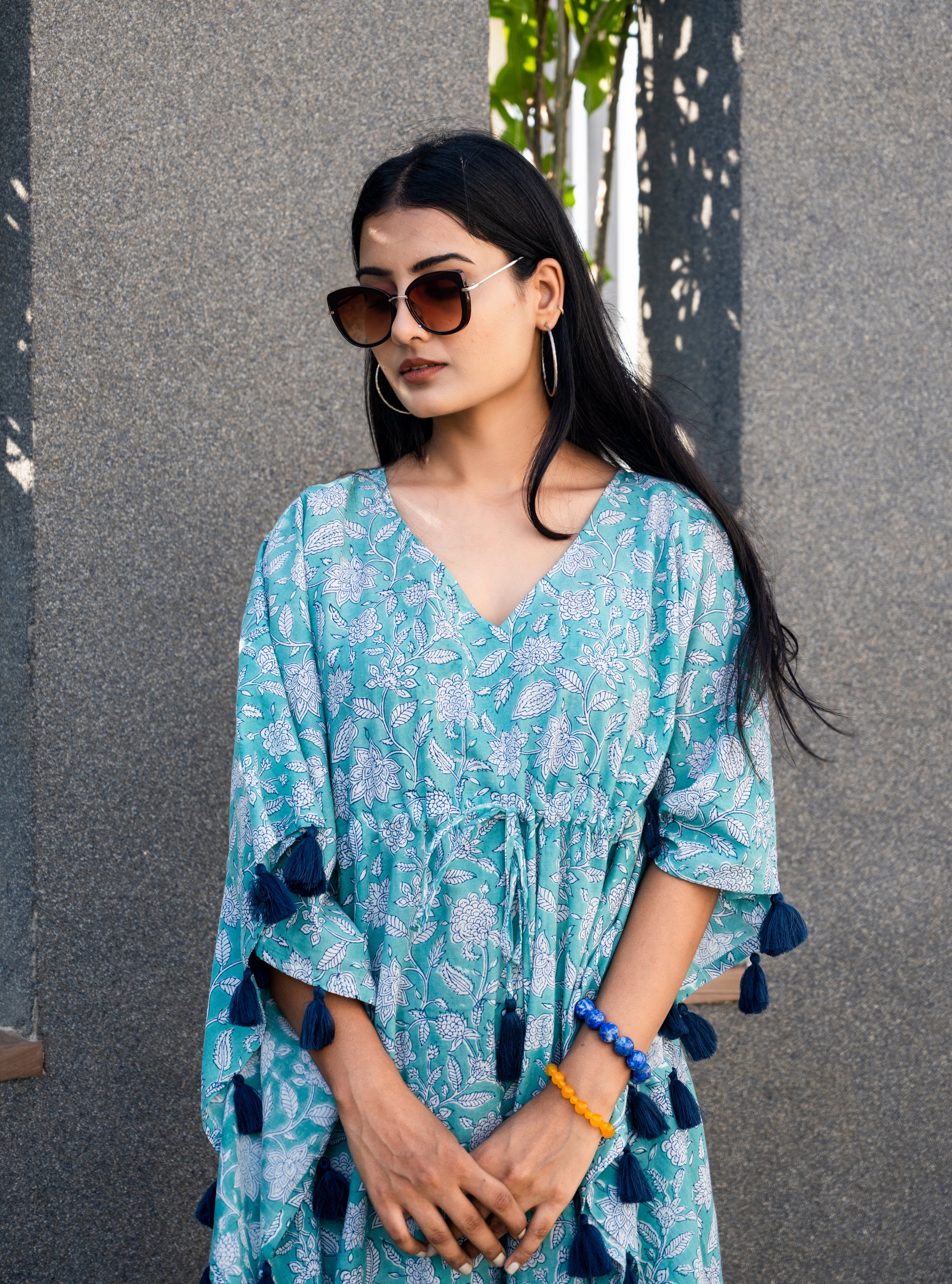 Daisy Aqua Tassel Kaftan