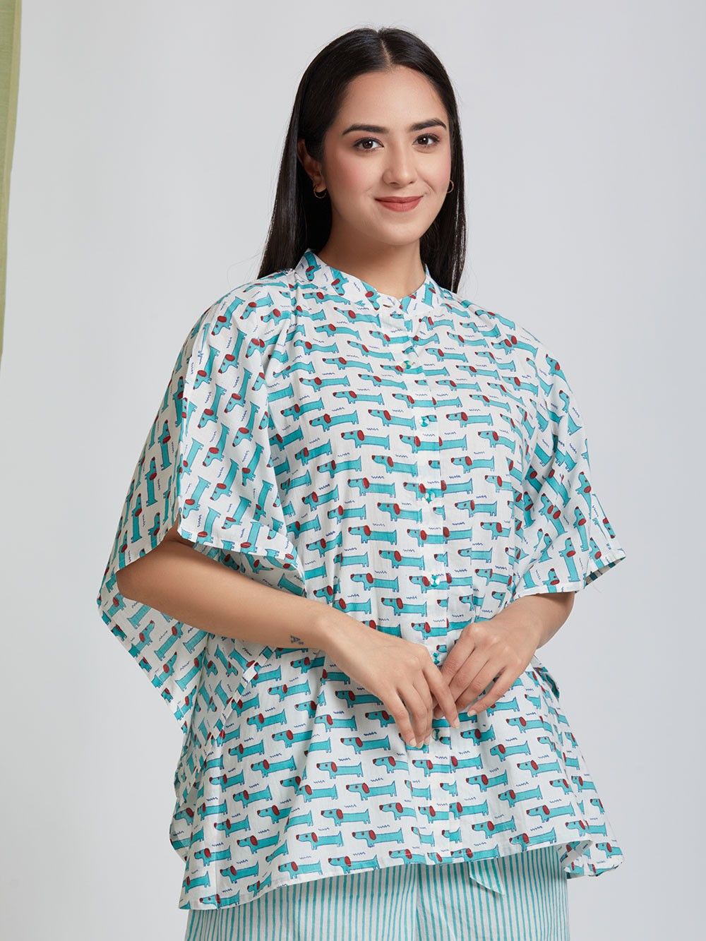 Snoopy Dog Co-ord Set: Blue-Green Hand Block Printed Cotton