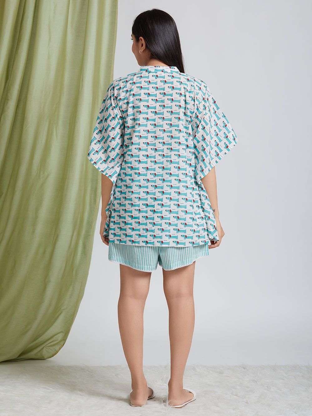 Snoopy Dog Co-ord Set: Blue-Green Hand Block Printed Cotton