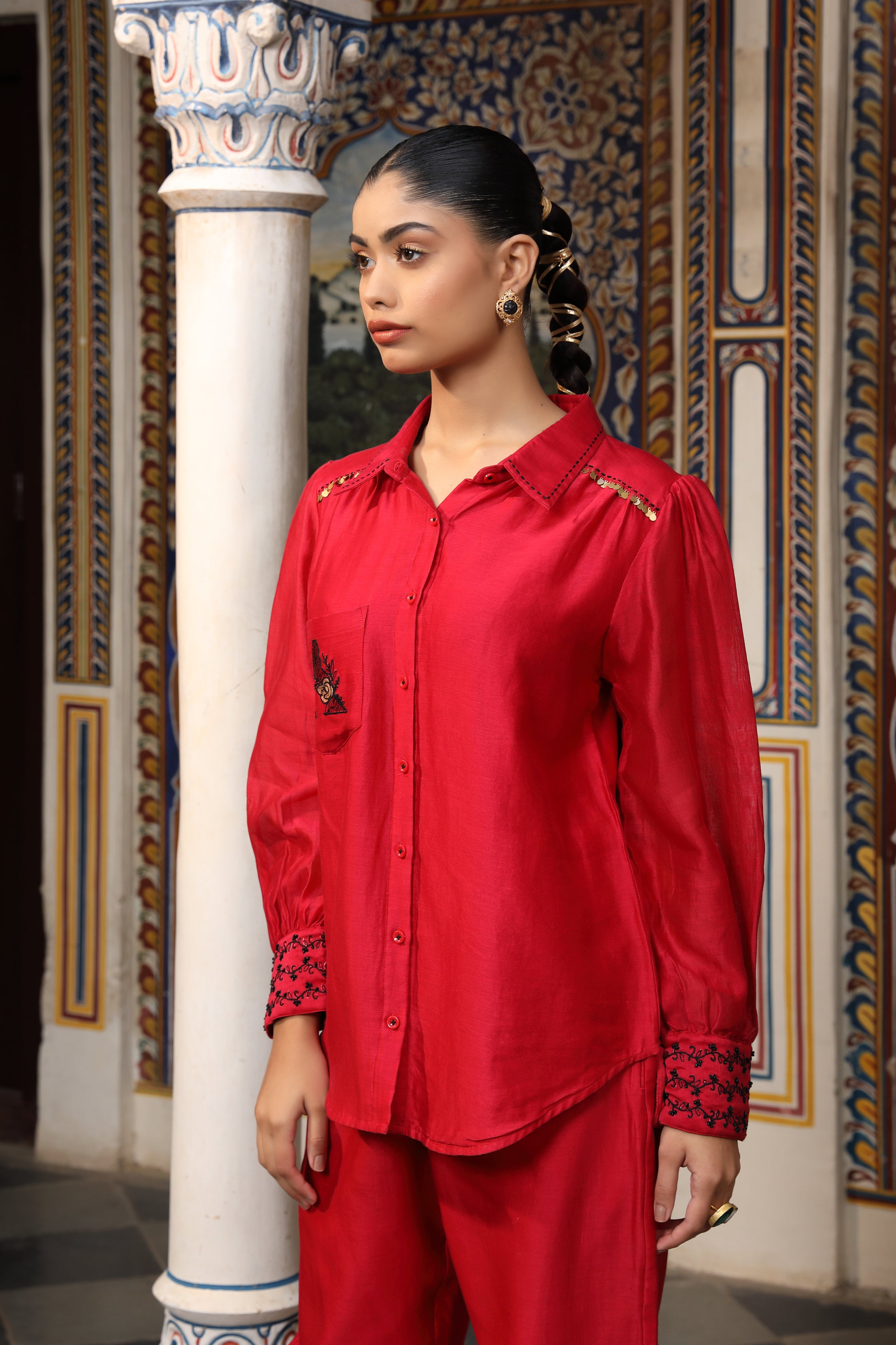 Red Chanderi Silk Co-Ord Set with Faces Thread Embroidery