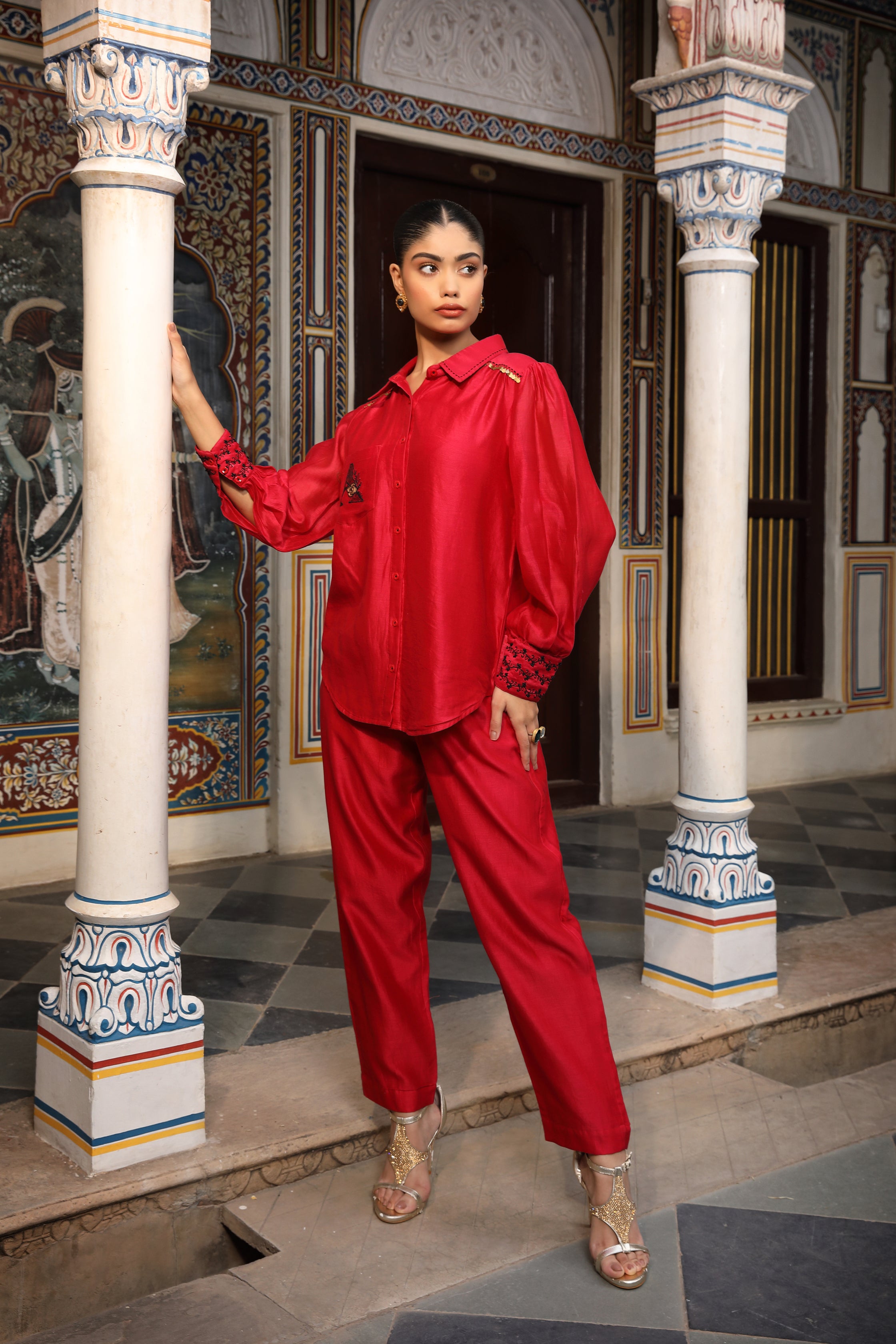 Red Chanderi Silk Co-Ord Set with Faces Thread Embroidery