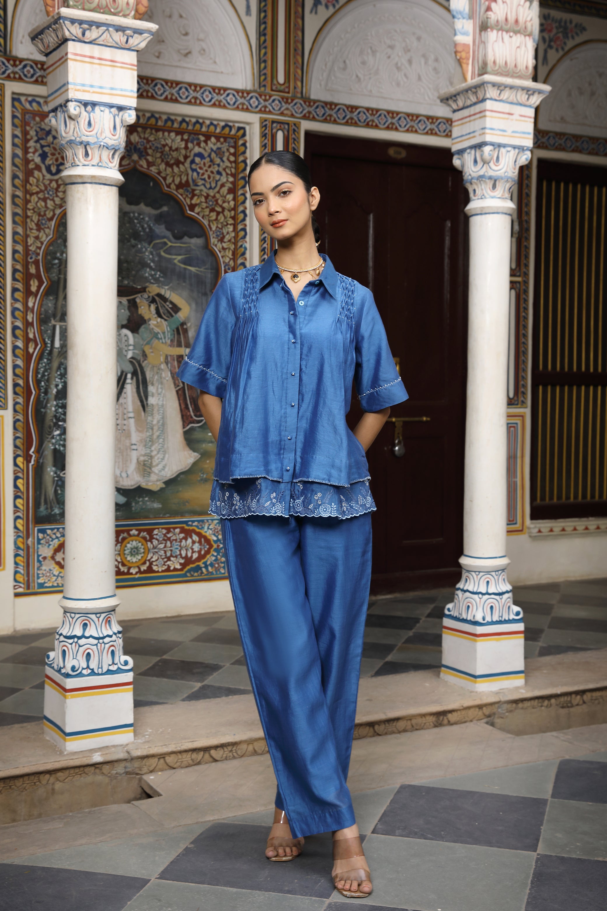 Blue Chanderi Silk Co-Ord Set with Thread Embroidery and Bead Detailing