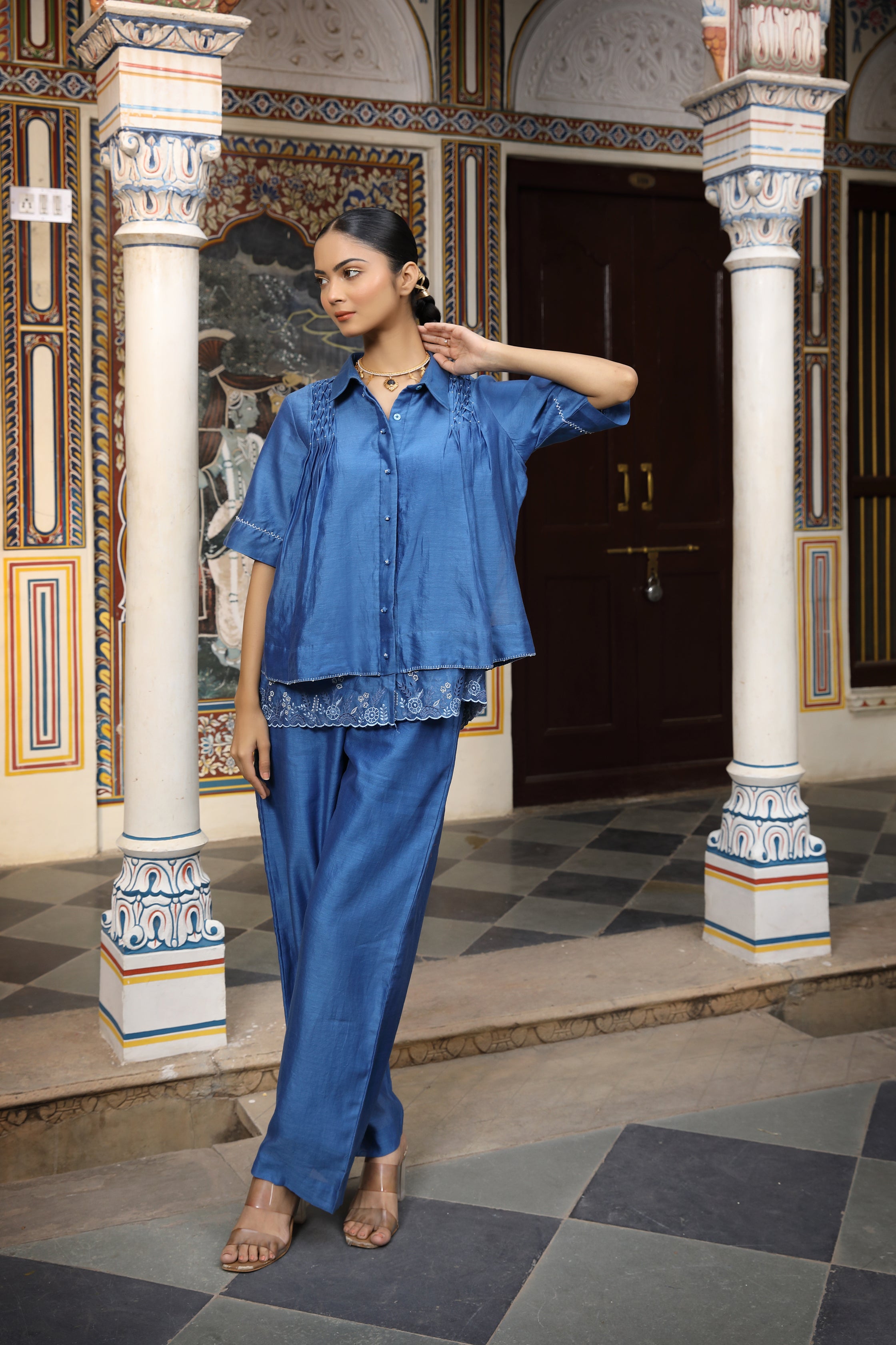 Blue Chanderi Silk Co-Ord Set with Thread Embroidery and Bead Detailing