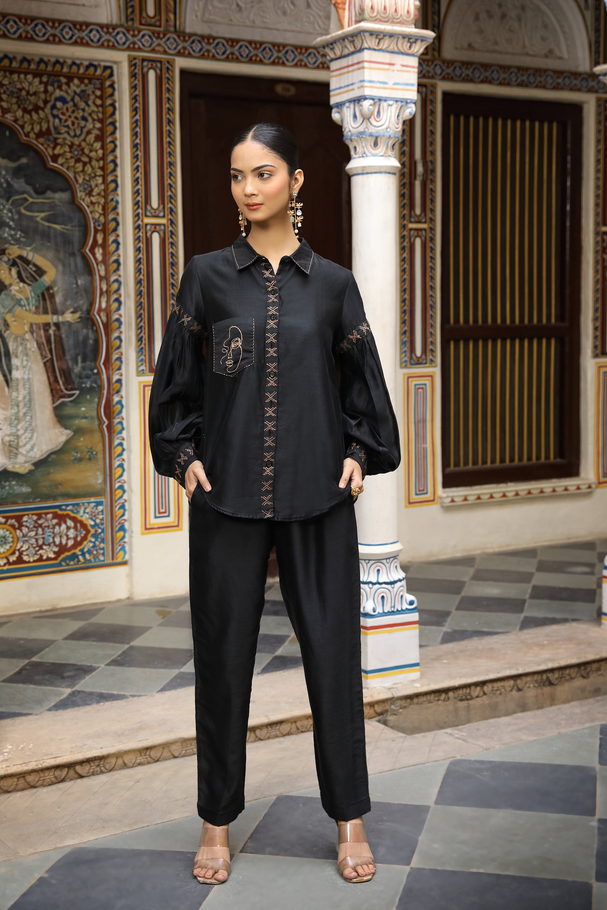 Black Chanderi Silk Co-Ord Set with Faces Thread Embroidery