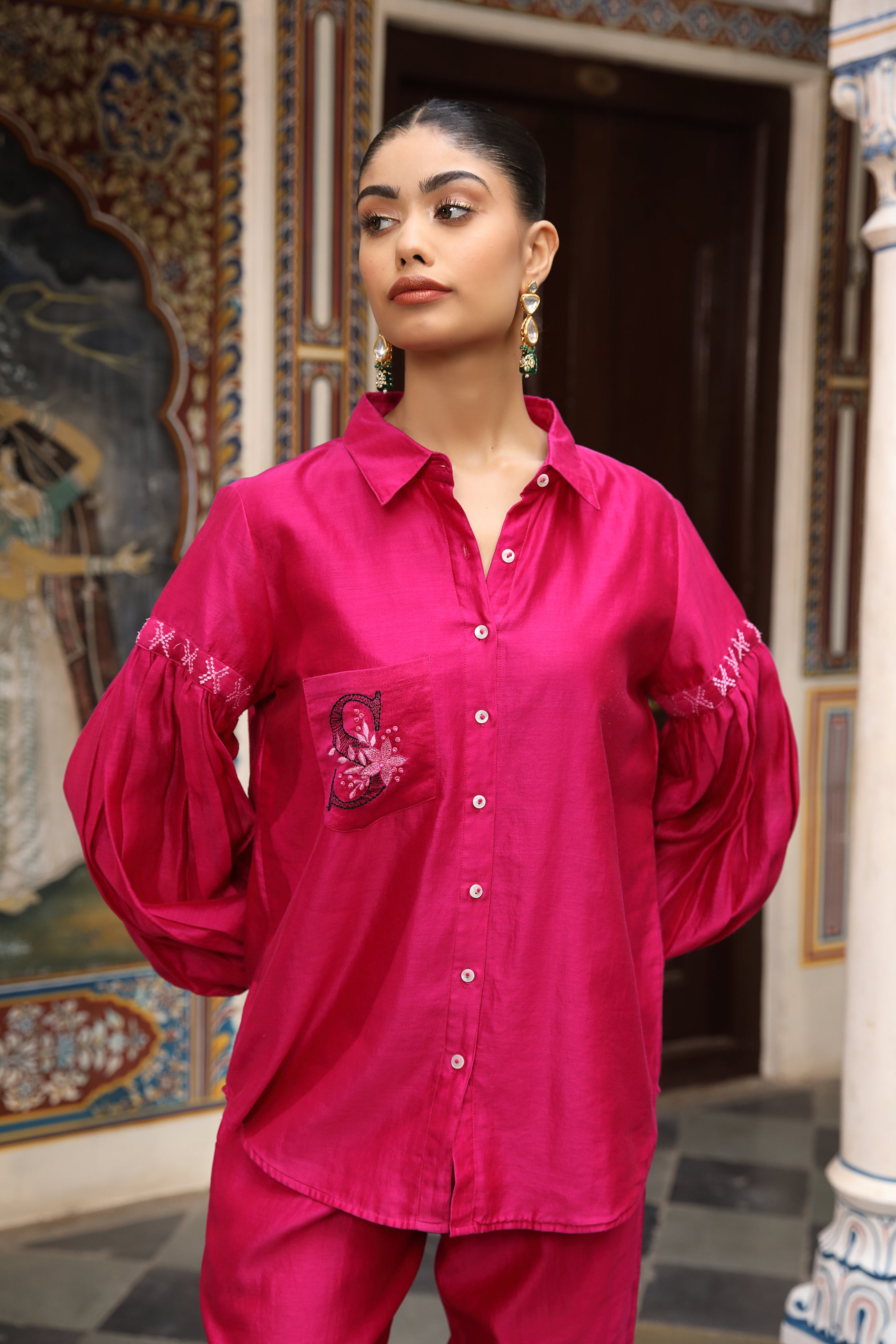 Hot Pink Chanderi Silk Co-Ord Set with Faces Embroidery and Letter Initial Detailing