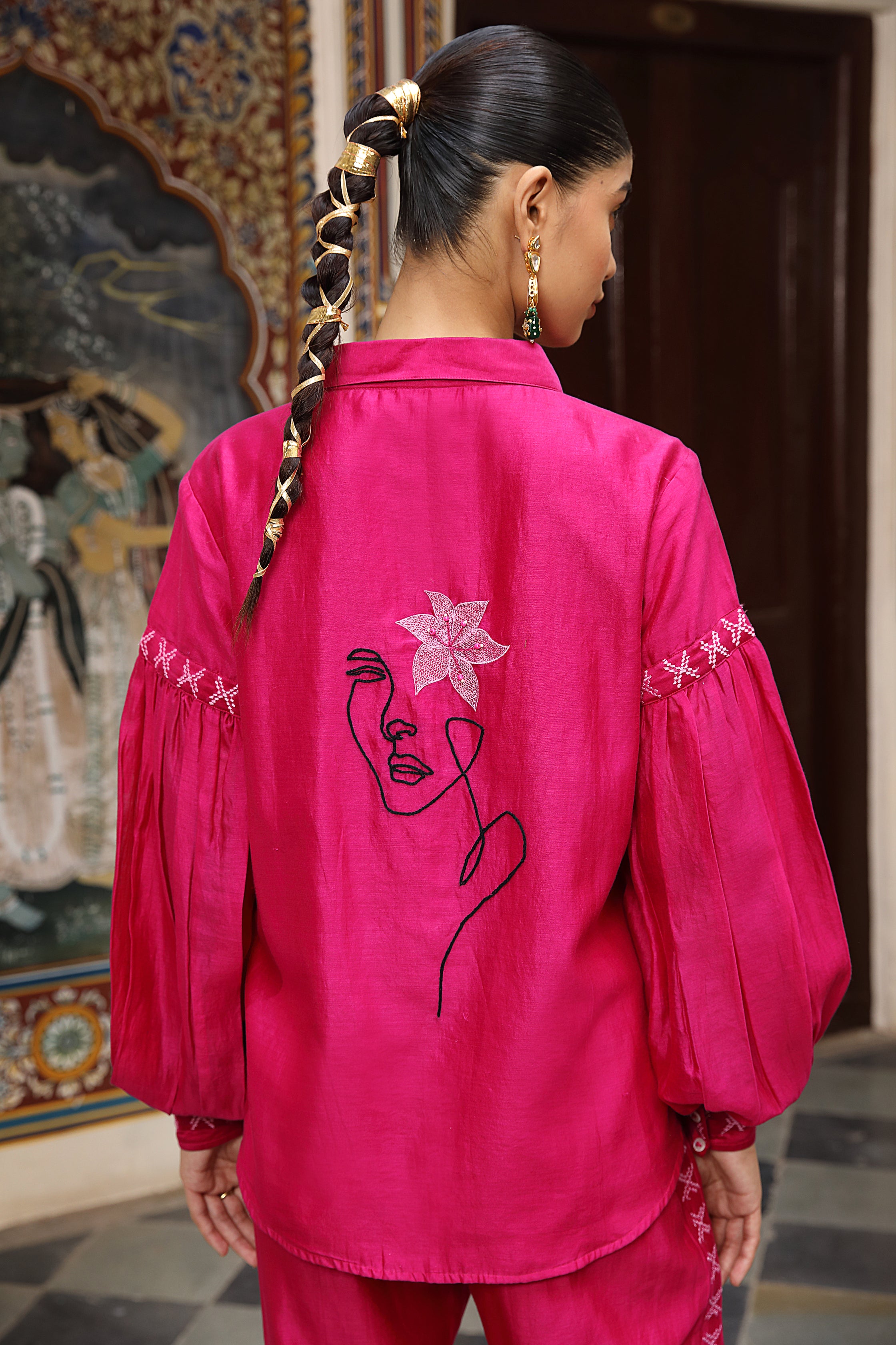 Hot Pink Chanderi Silk Co-Ord Set with Faces Embroidery and Letter Initial Detailing