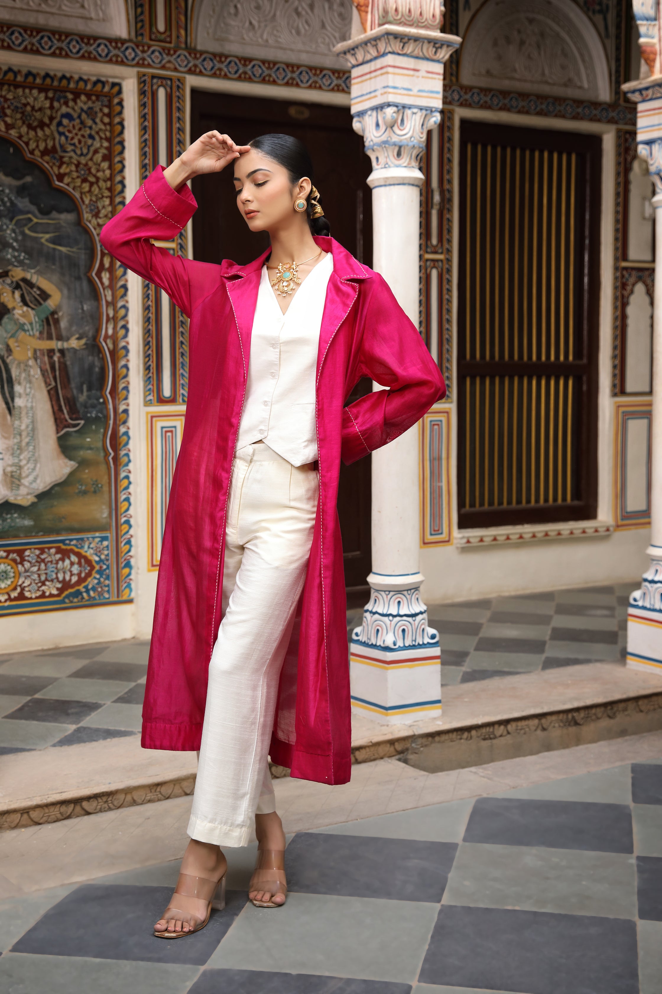 Hot Pink Vest Coat Shrug Set with Faces Thread Embroidery