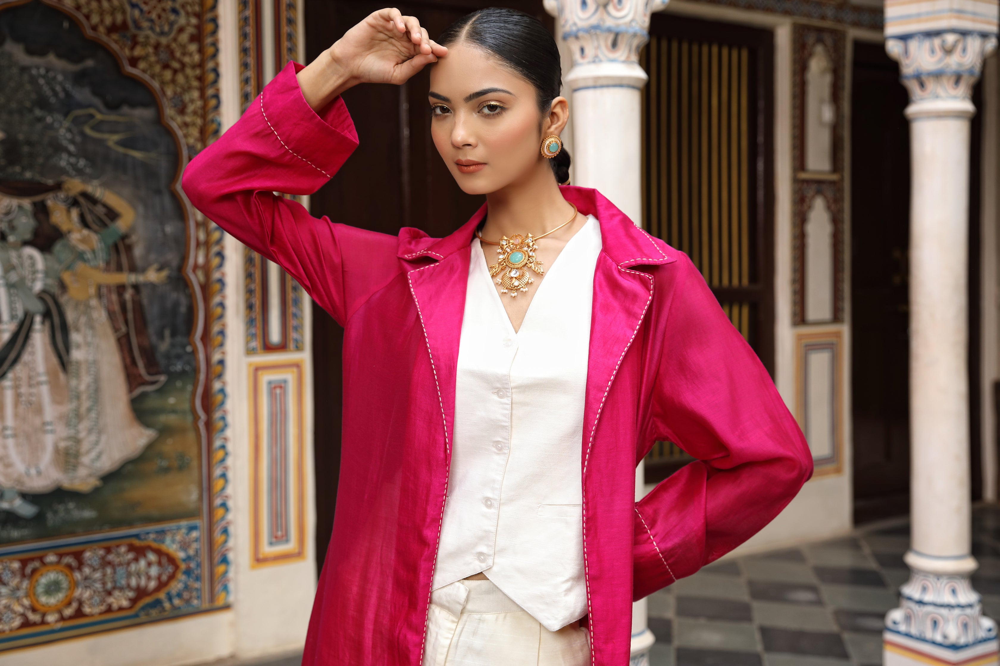 Hot Pink Vest Coat Shrug Set with Faces Thread Embroidery