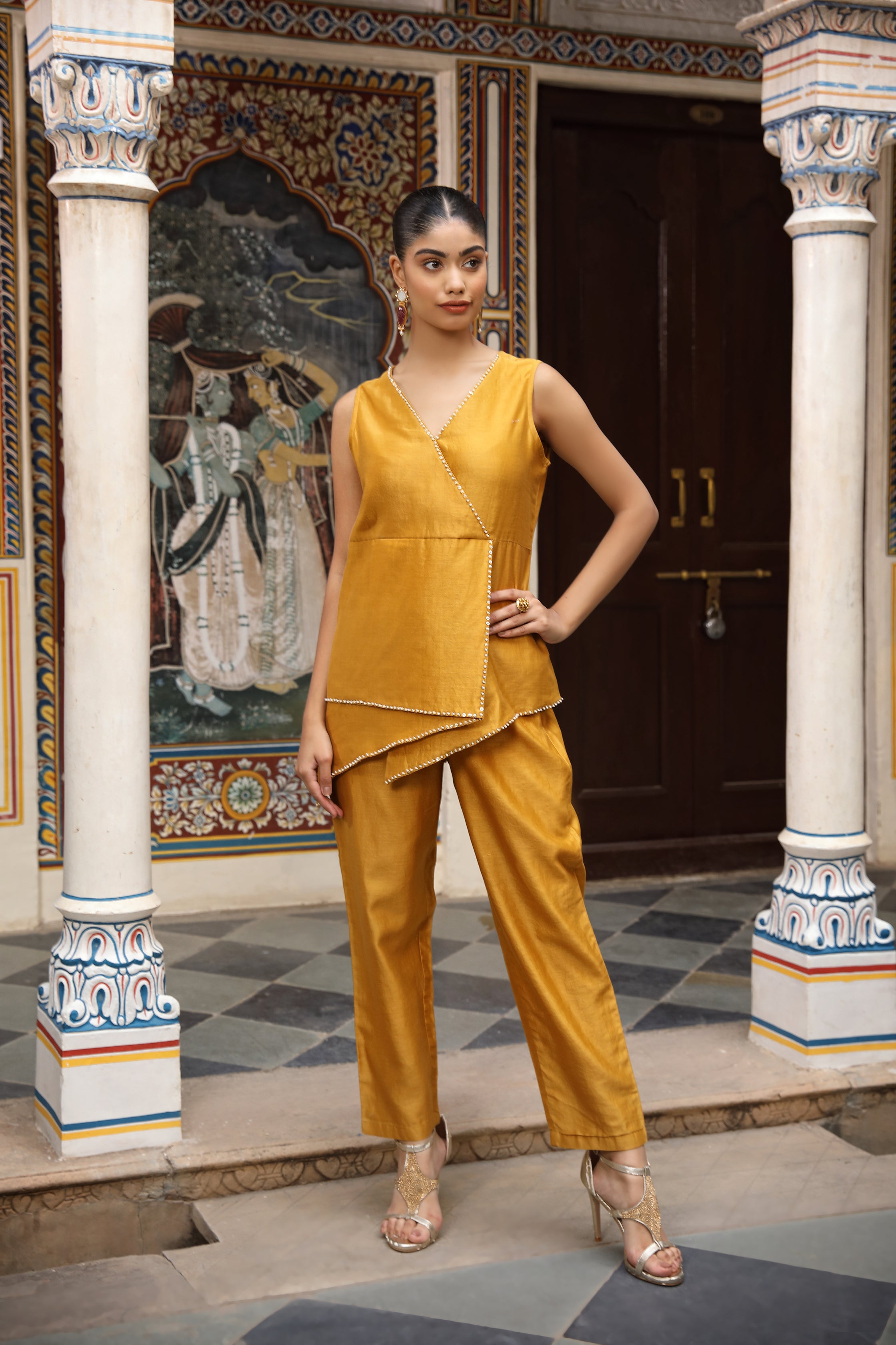 Mustard Sleeveless Co-Ord Set with Thread and Sequin Embroidery