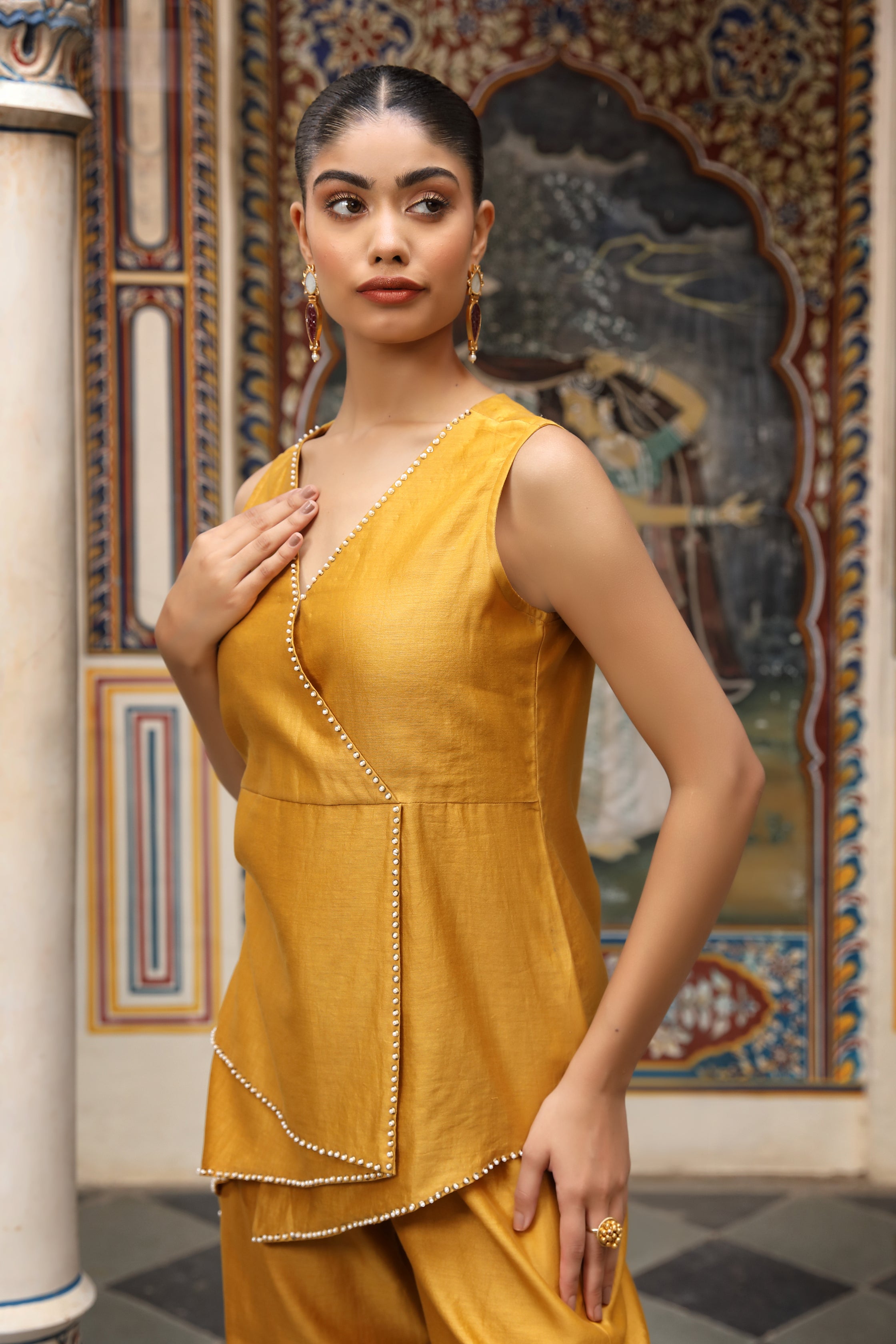 Mustard Sleeveless Co-Ord Set with Thread and Sequin Embroidery