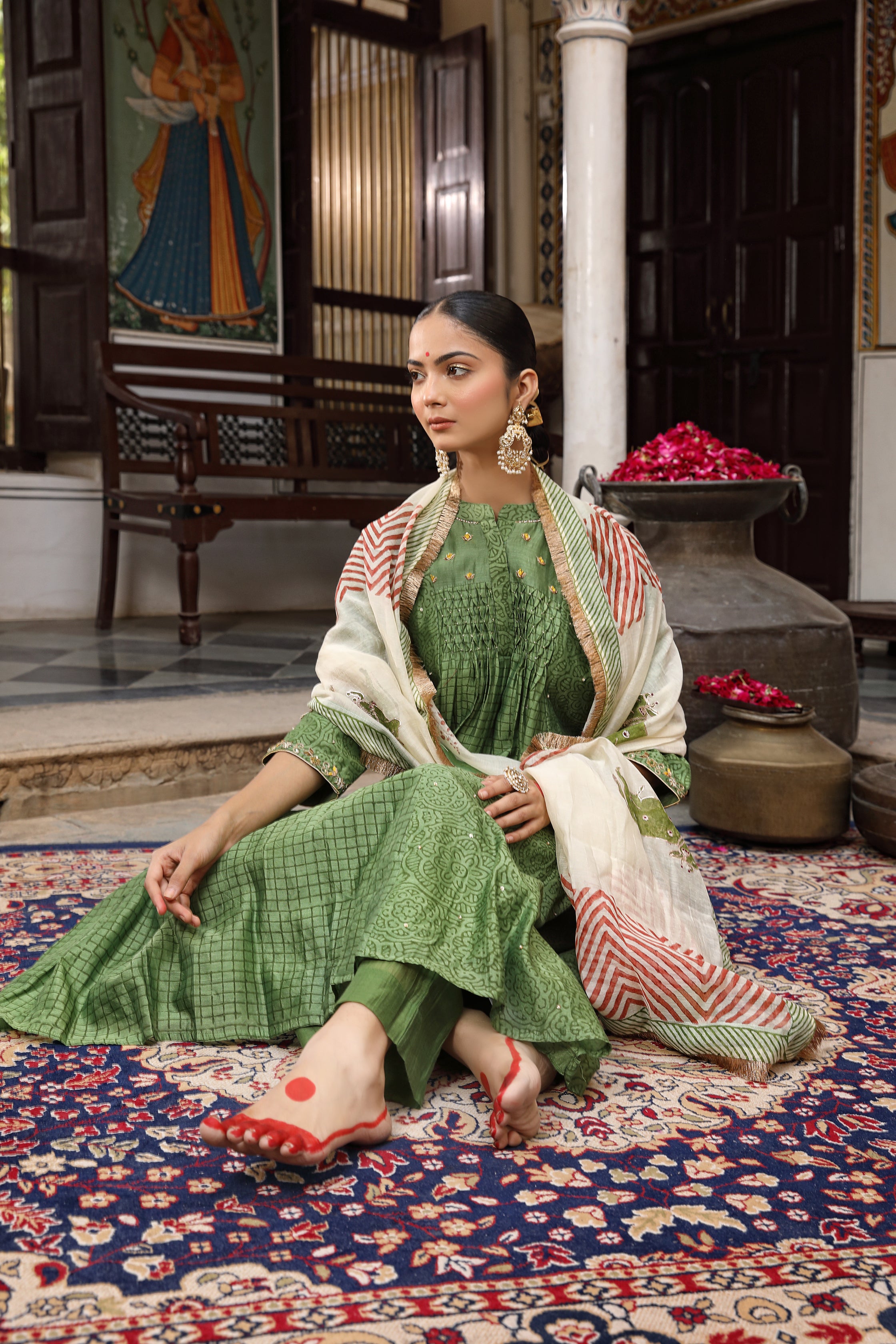 Pocket Detail Printed Silk Chanderi Kurta Set with Pichwai Dupatta