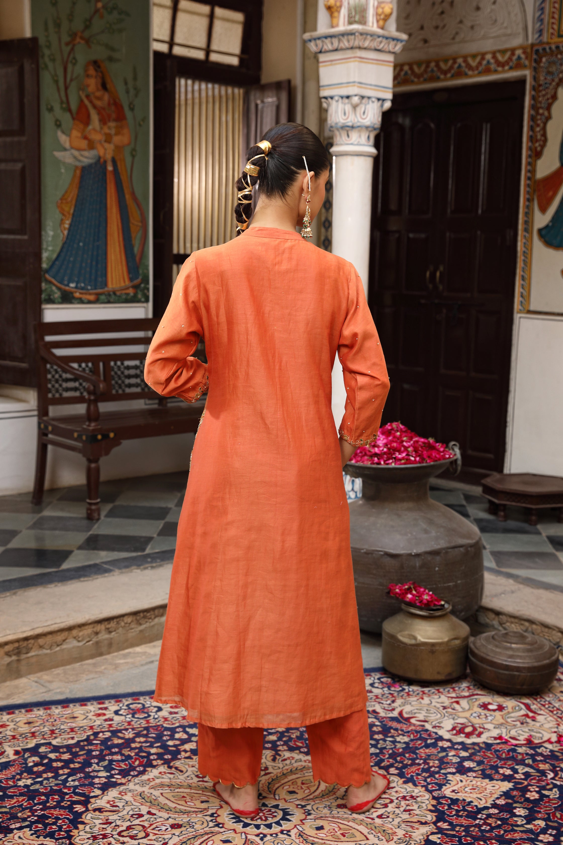 Rust Pocket Detail Kurta Set with Pichwai Dupatta and Zardosi Embroidery