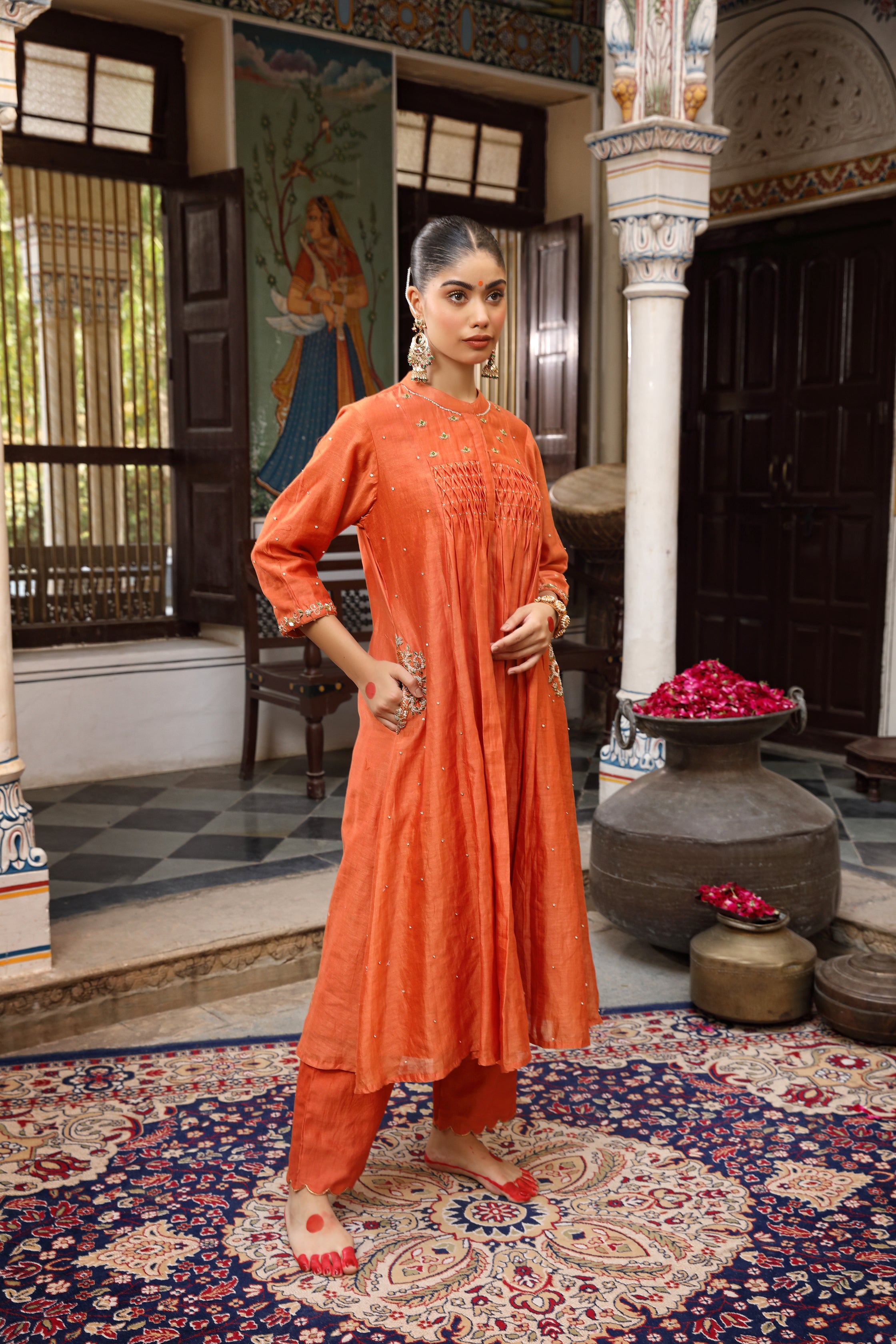 Rust Pocket Detail Kurta Set with Pichwai Dupatta and Zardosi Embroidery