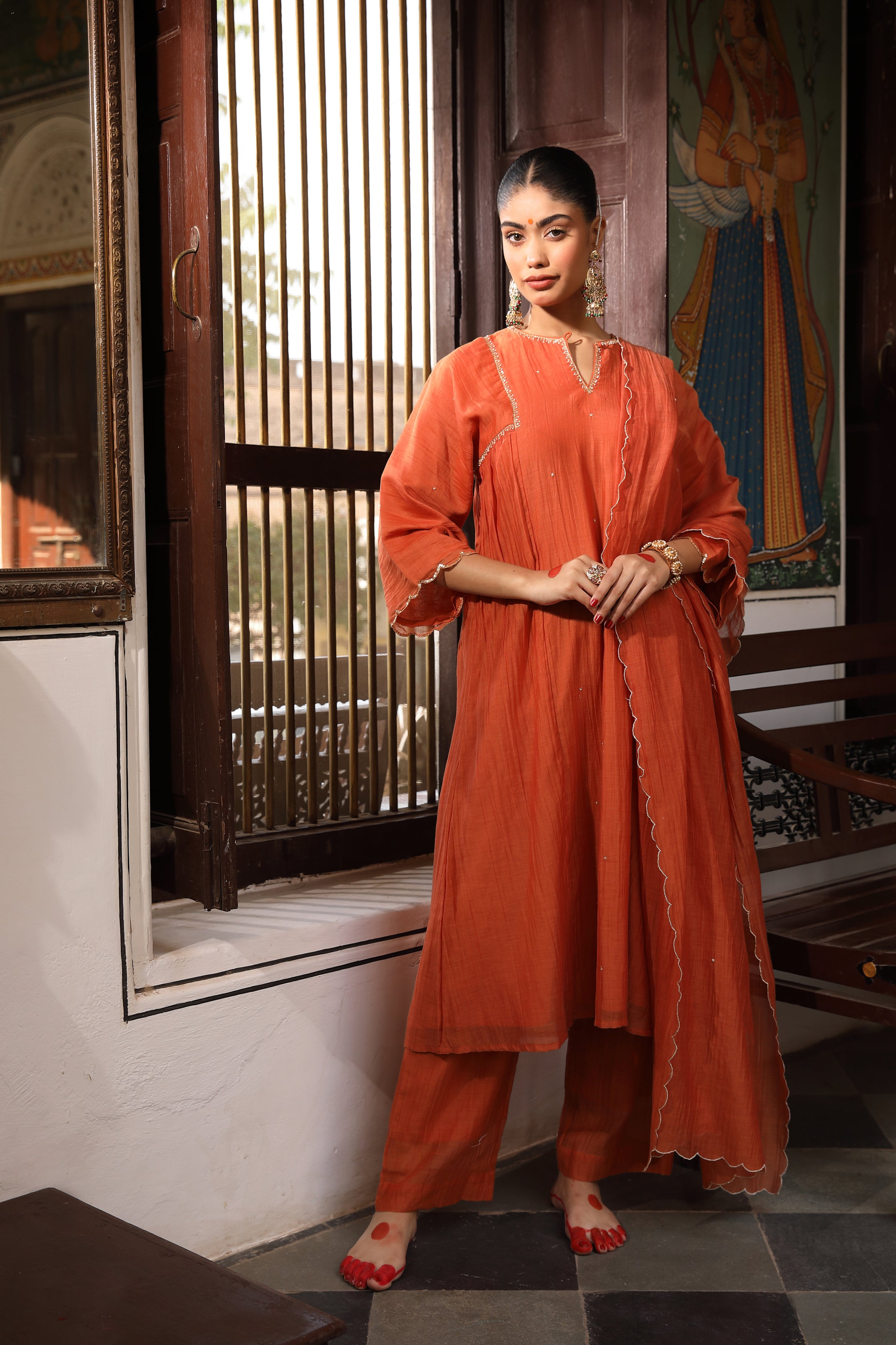 Rust Rudra Suit Set with Aari Sequence Embroidery and Scallop Dupatta