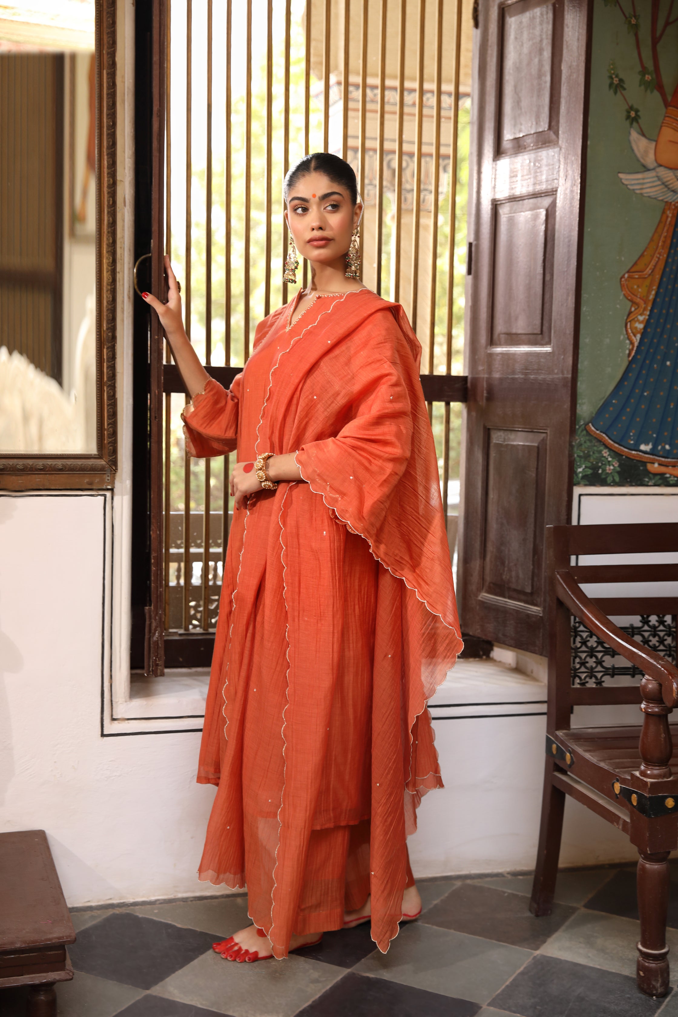 Rust Rudra Suit Set with Aari Sequence Embroidery and Scallop Dupatta