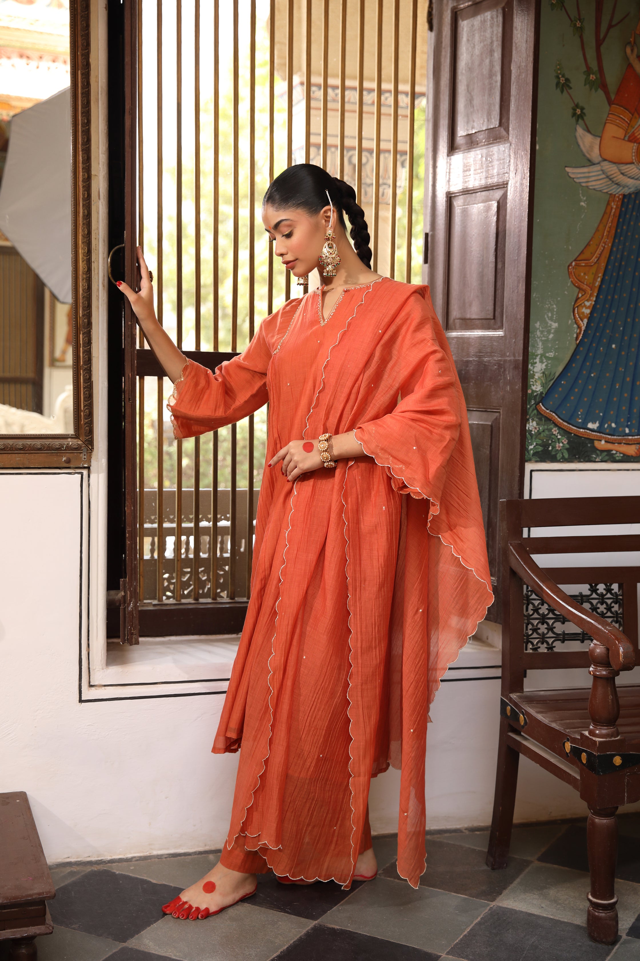 Rust Rudra Suit Set with Aari Sequence Embroidery and Scallop Dupatta