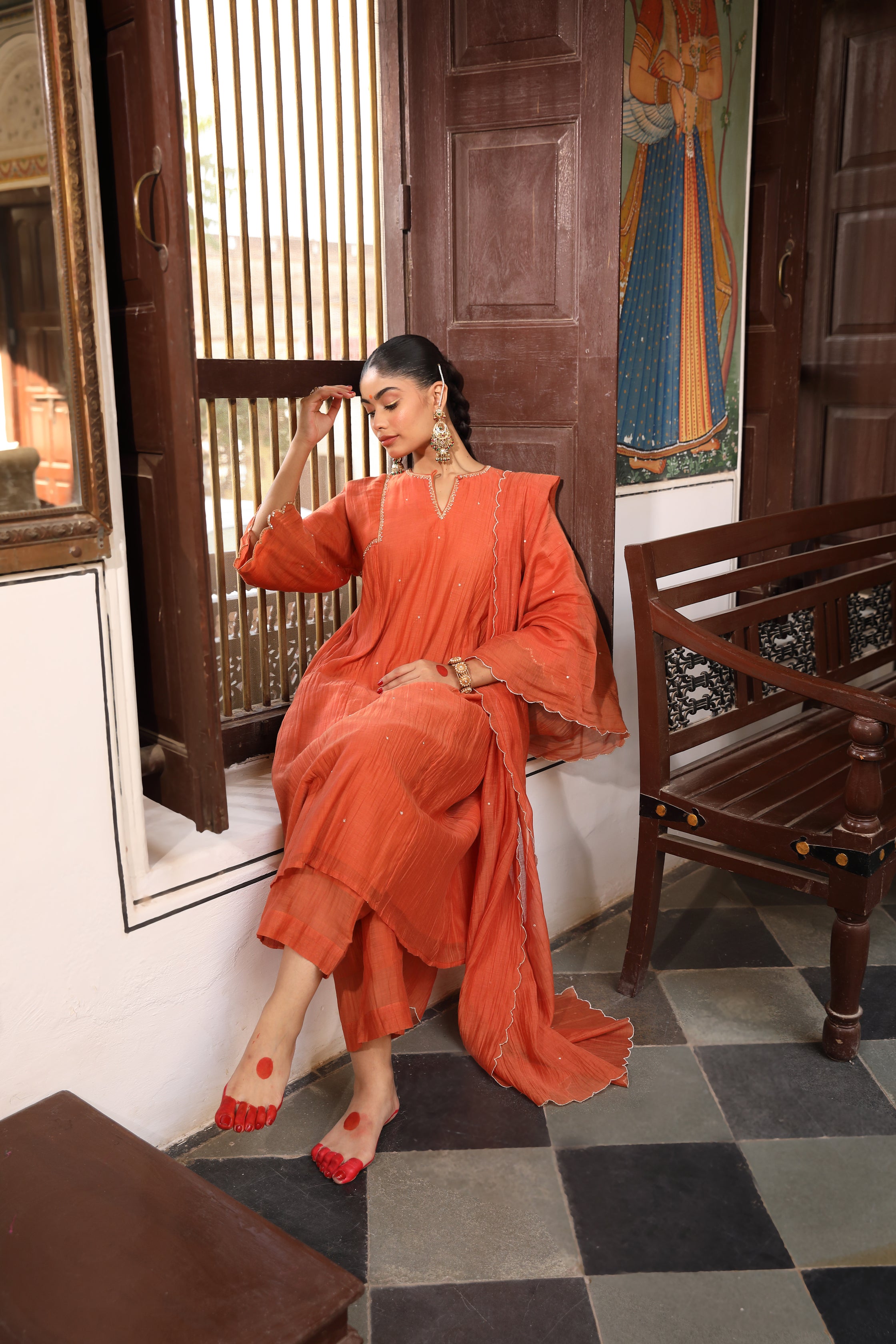 Rust Rudra Suit Set with Aari Sequence Embroidery and Scallop Dupatta