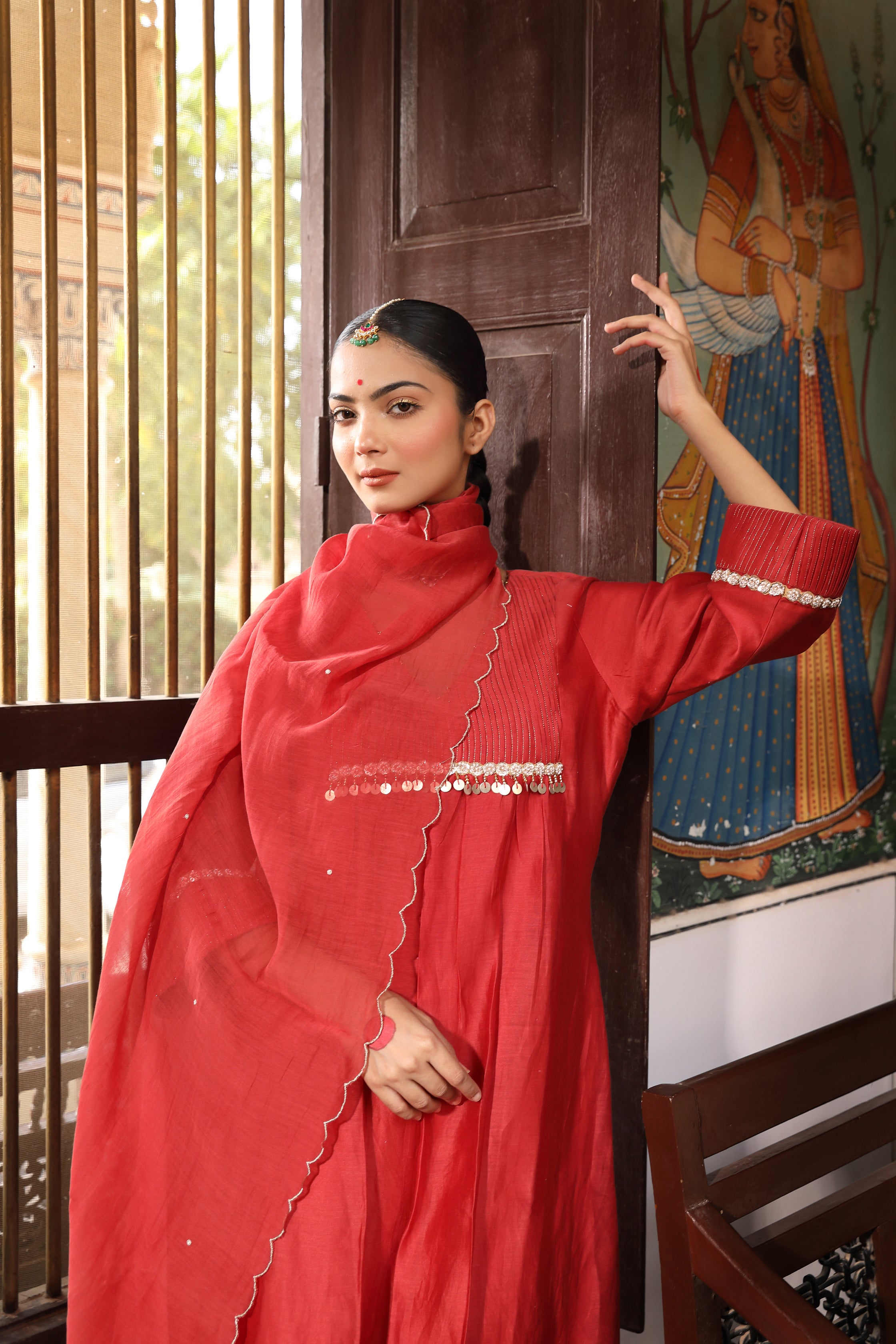 Brick Rust V-Neck Suit Set with Zardosi Embroidery and Pittan Work Dupatta