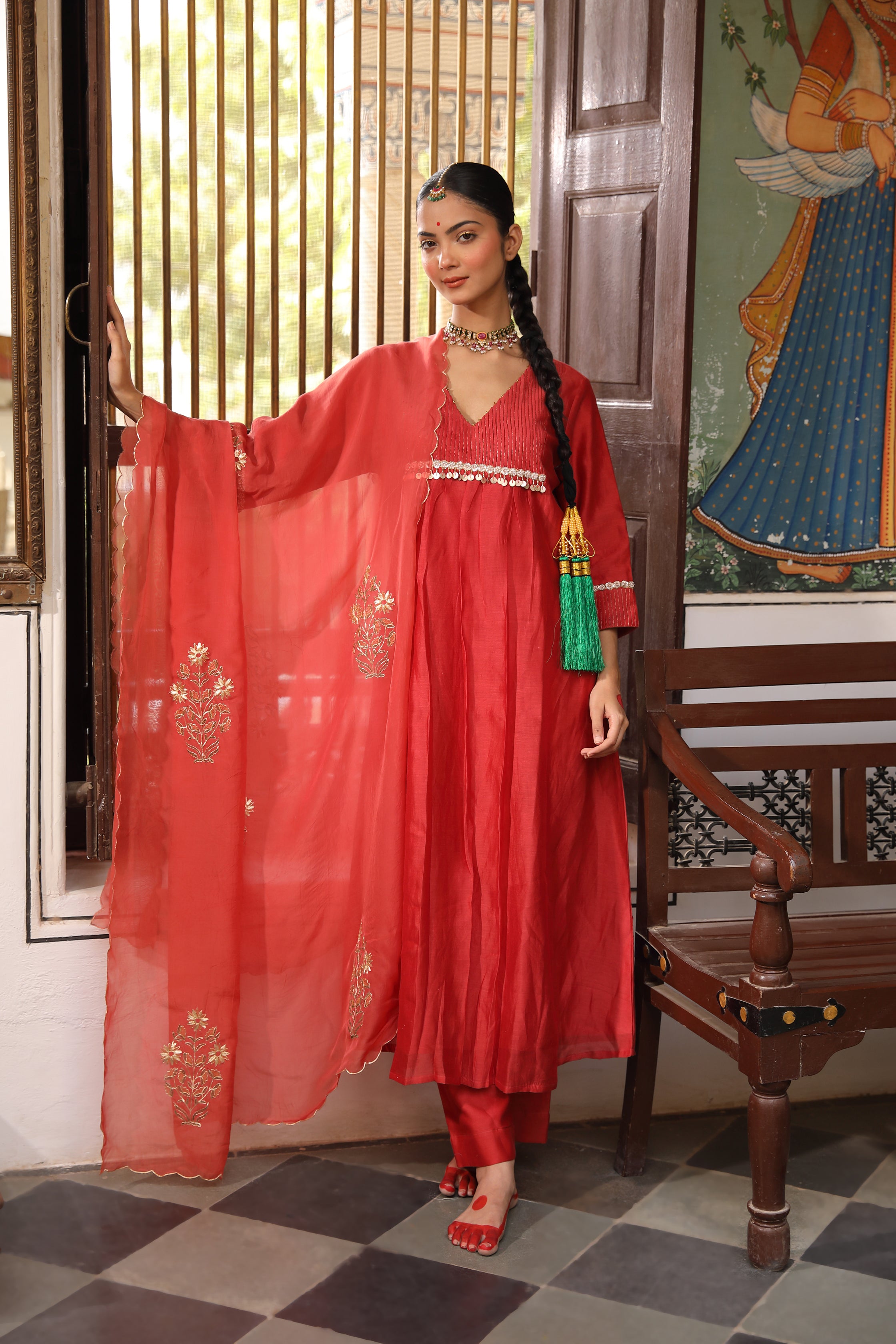 Brick Rust V-Neck Suit Set with Zardosi Embroidery and Pittan Work Dupatta