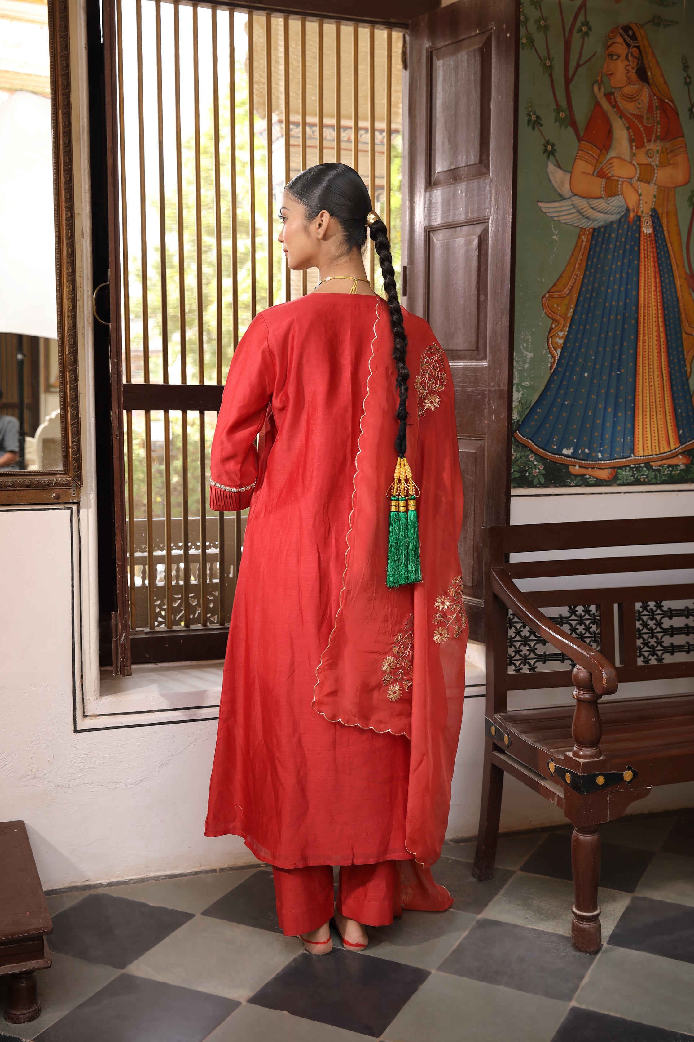 Brick Rust V-Neck Suit Set with Zardosi Embroidery and Pittan Work Dupatta