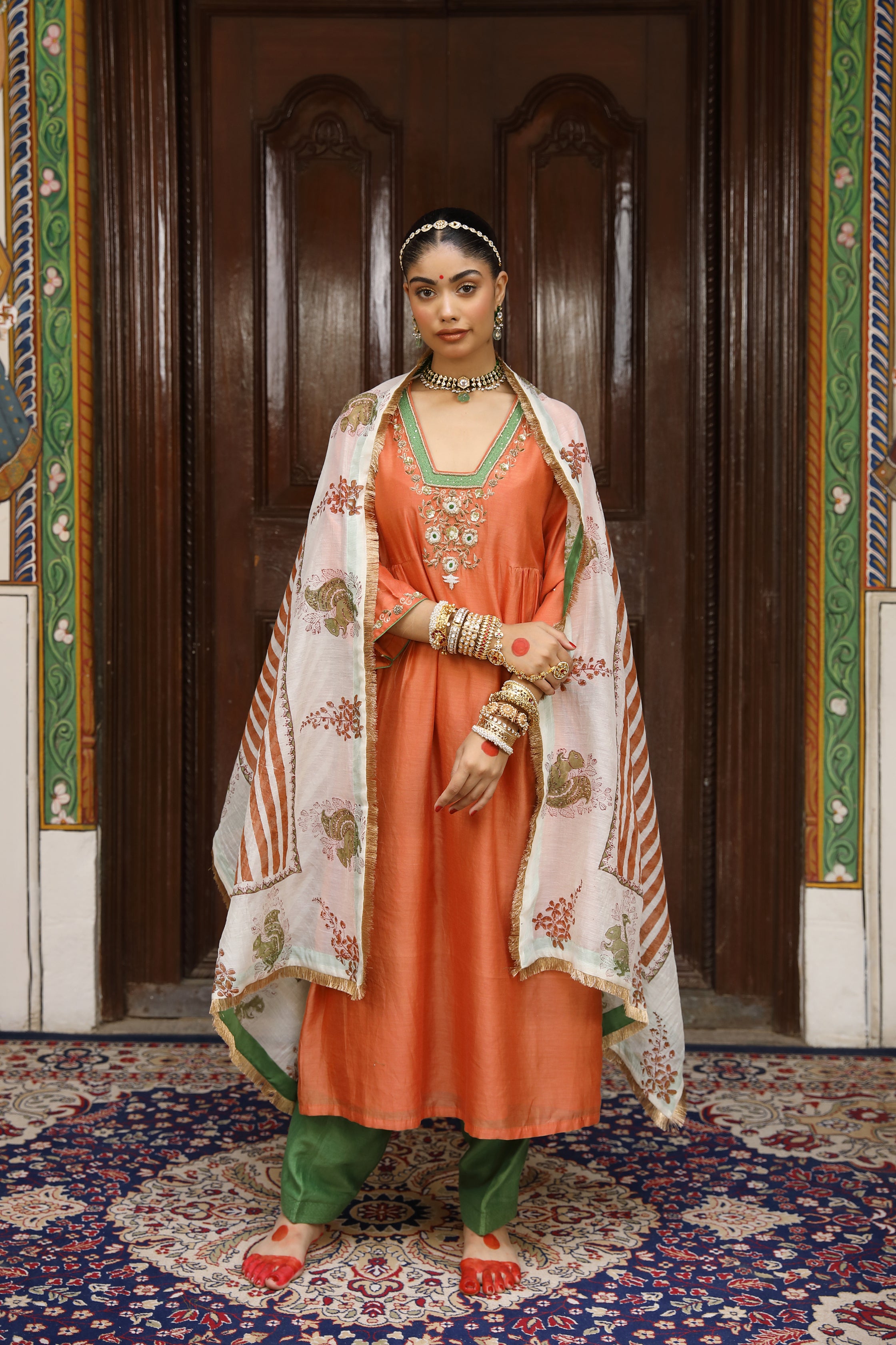 Rust Glass Neck Zardosi Kurta Set with Pichwai Dupatta