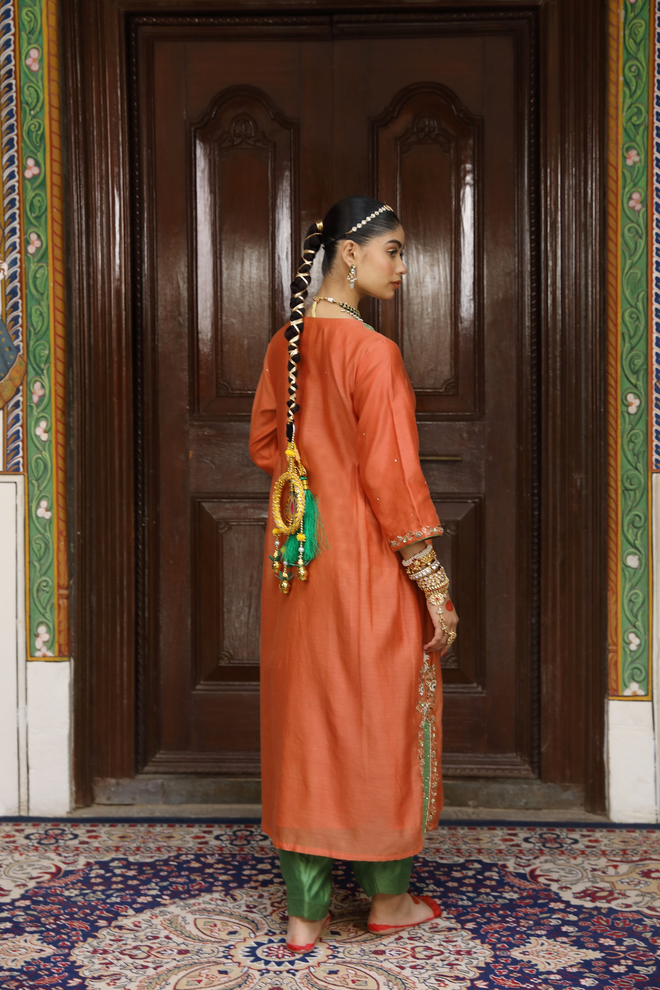 Rust Glass Neck Zardosi Kurta Set with Pichwai Dupatta