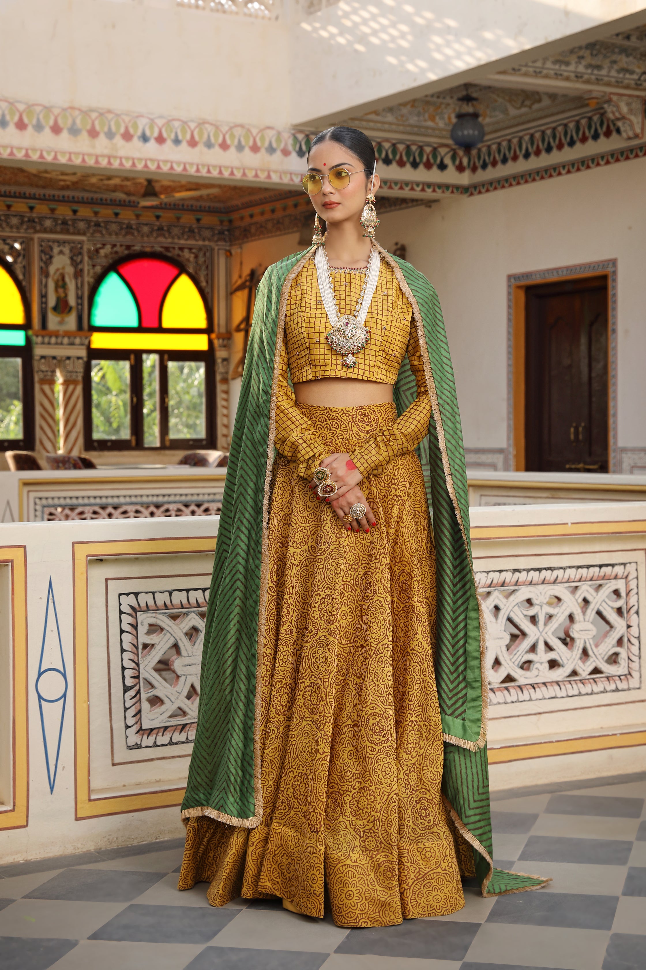 Gold Yellow Lehenga Set with Green Zig-Zag Printed Dupatta and Aari Embroidery