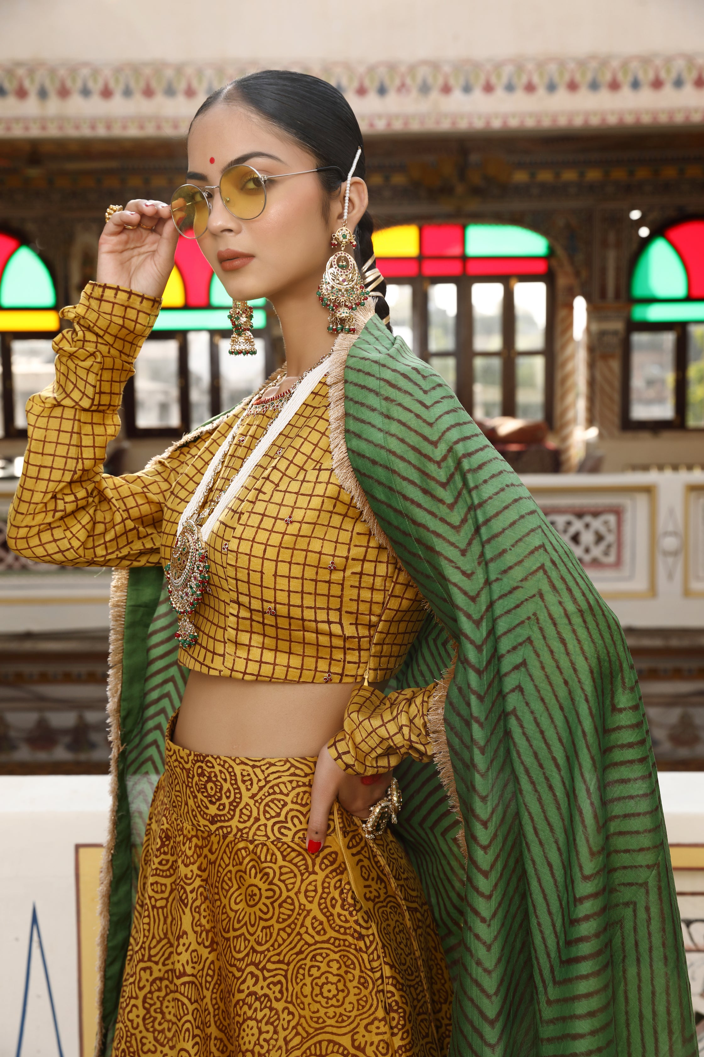 Gold Yellow Lehenga Set with Green Zig-Zag Printed Dupatta and Aari Embroidery