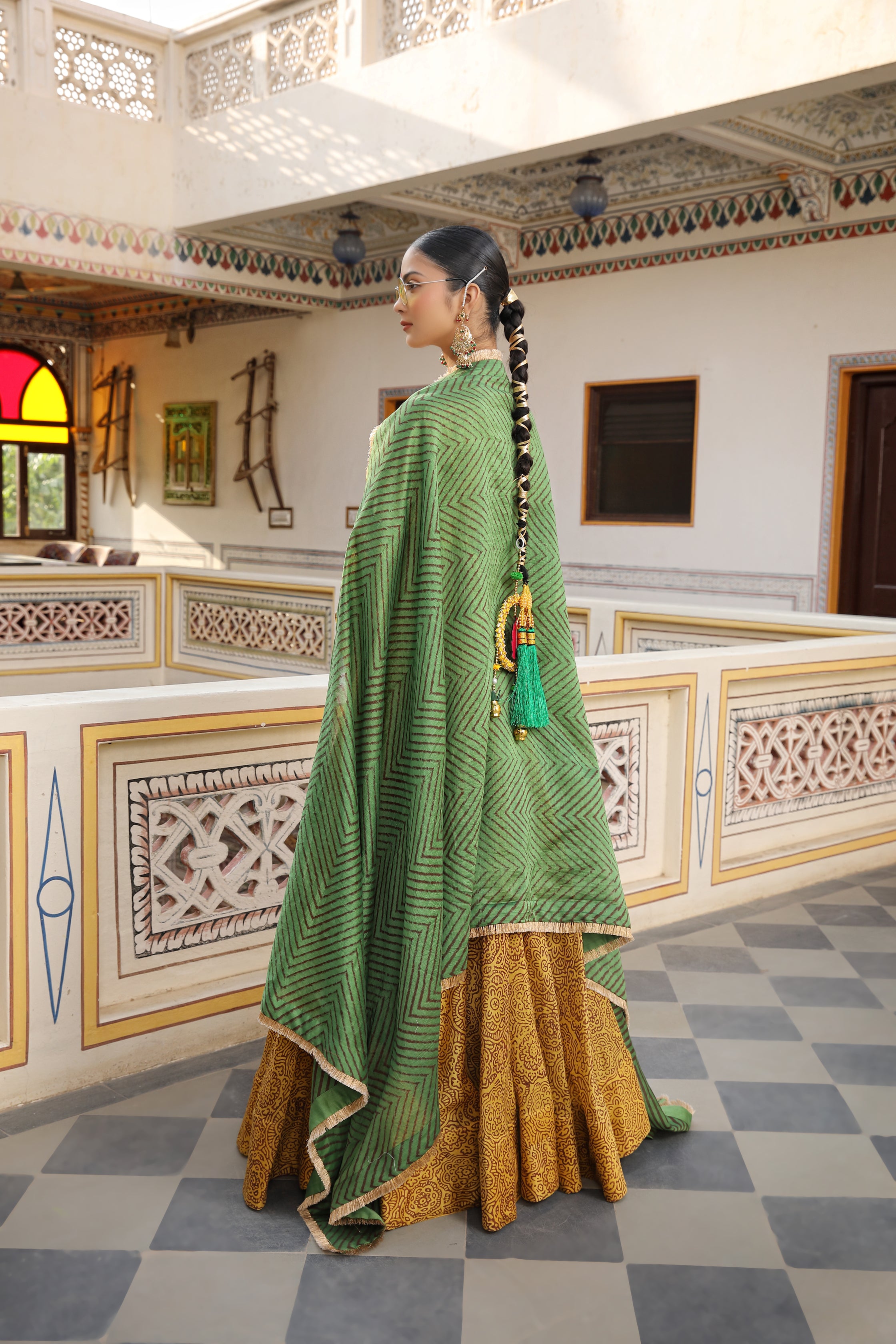 Gold Yellow Lehenga Set with Green Zig-Zag Printed Dupatta and Aari Embroidery