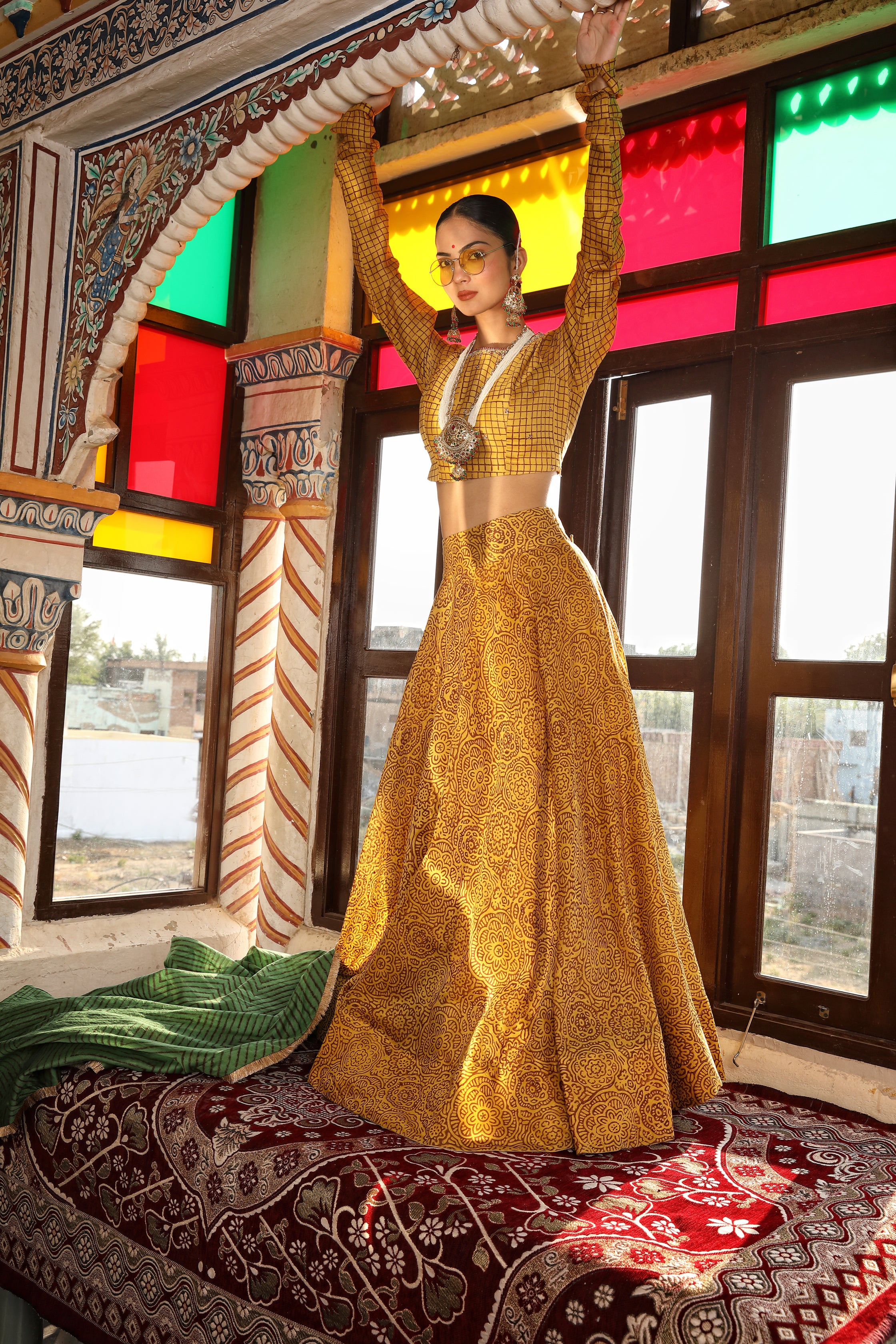 Gold Yellow Lehenga Set with Green Zig-Zag Printed Dupatta and Aari Embroidery