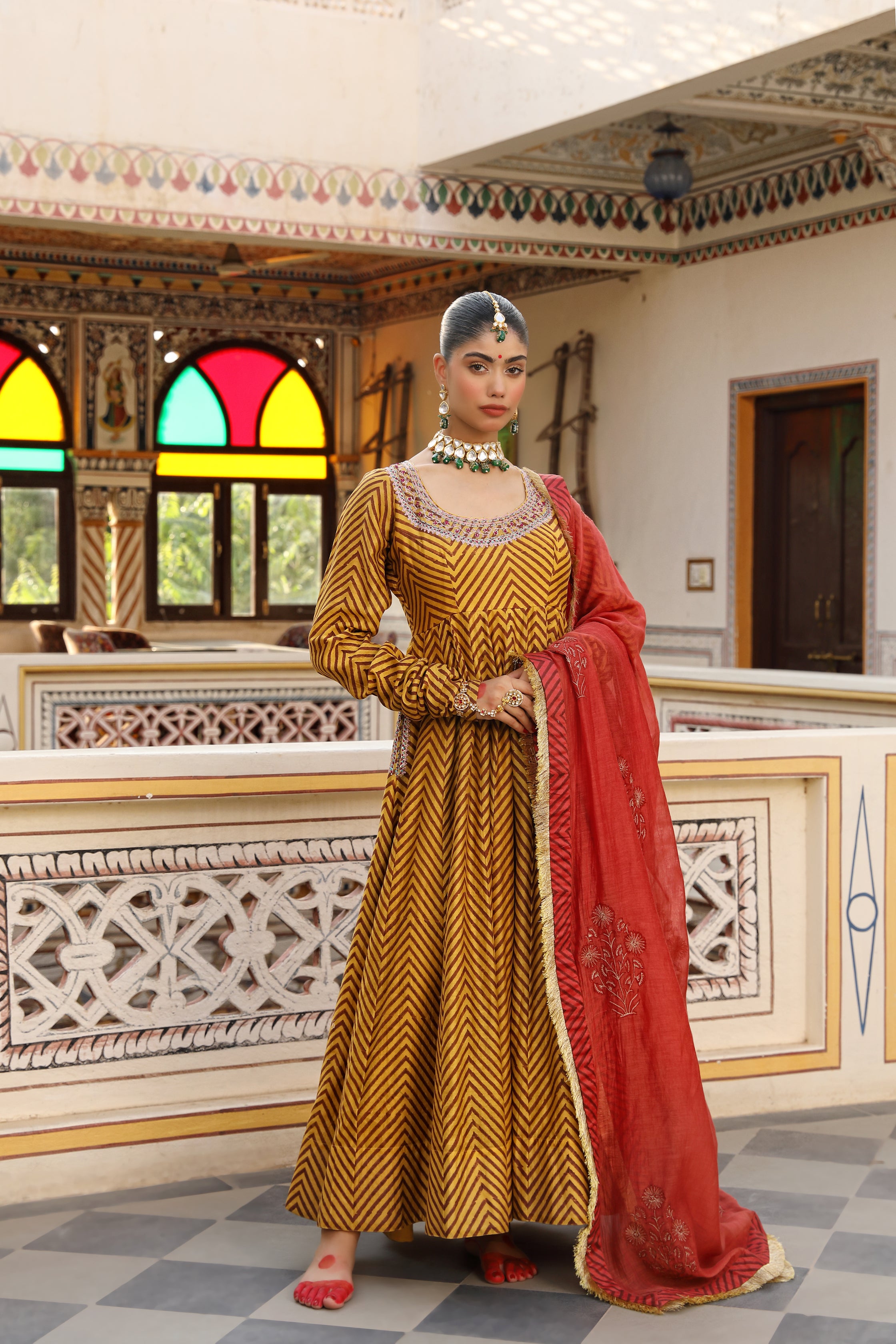 Gold Yellow Anarkali Suit Set with Zigzag Hand Block Print and Embroidery