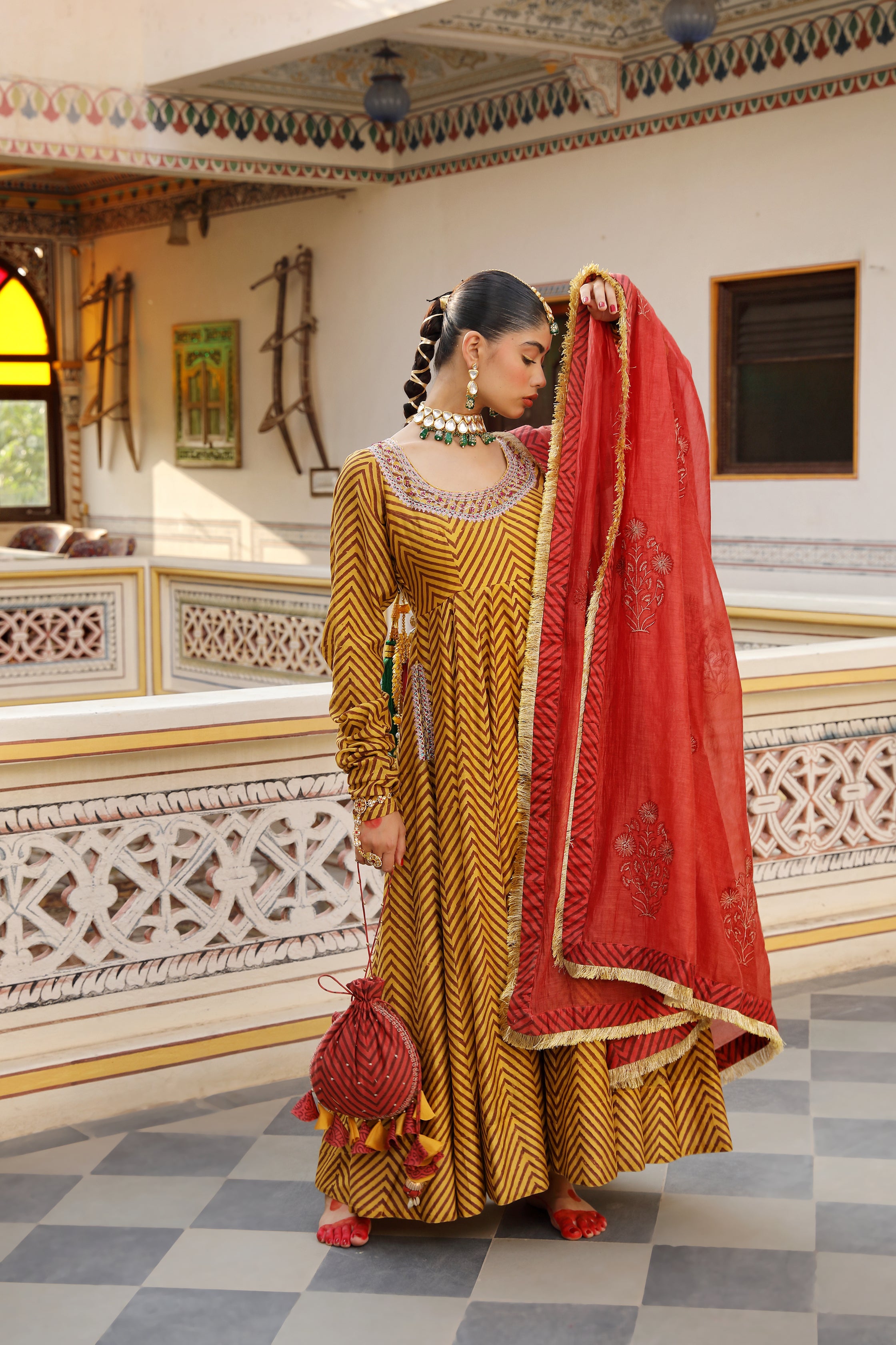 Gold Yellow Anarkali Suit Set with Zigzag Hand Block Print and Embroidery